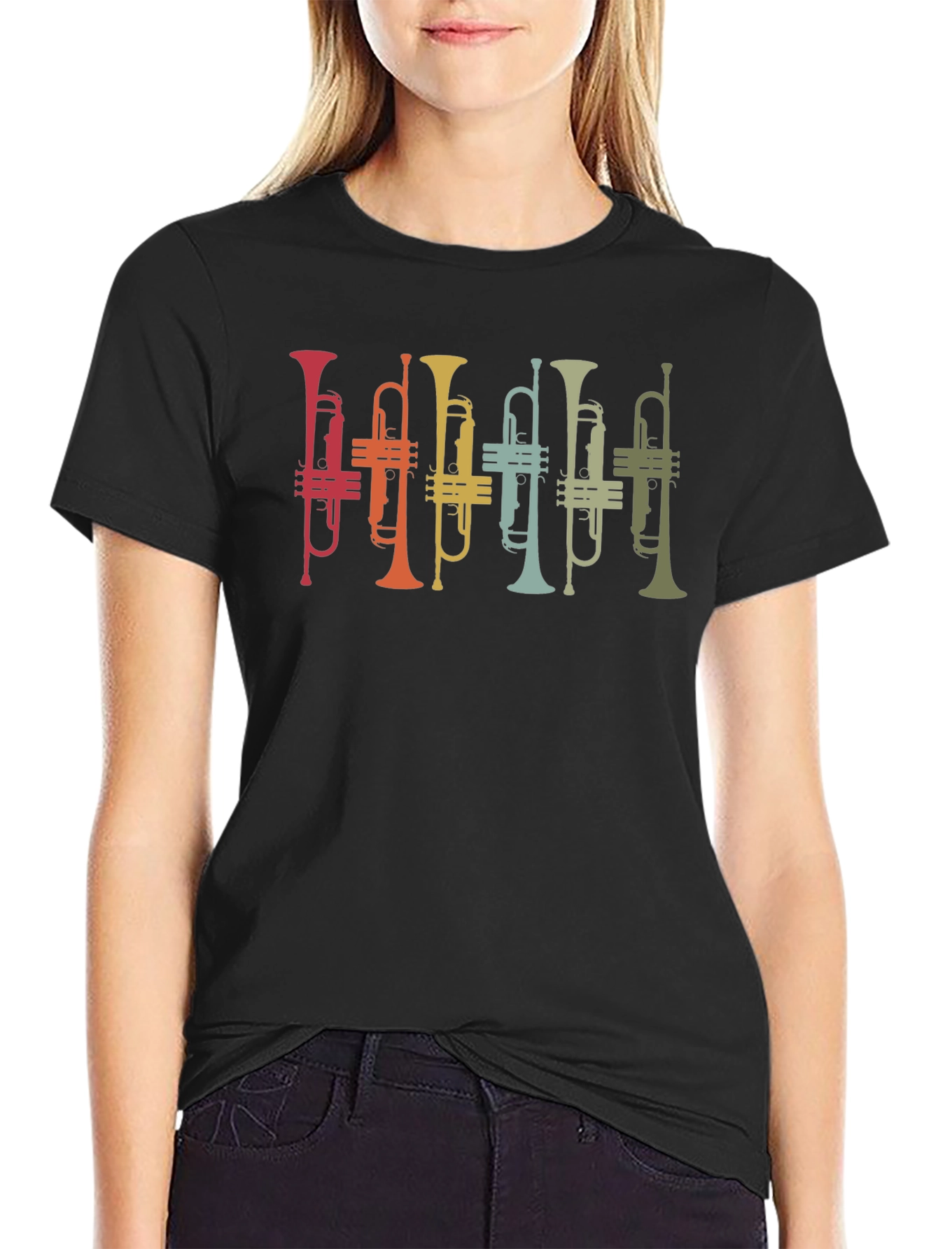 Black Retro Trumpet Band Graphic T-Shirt - Black view 2