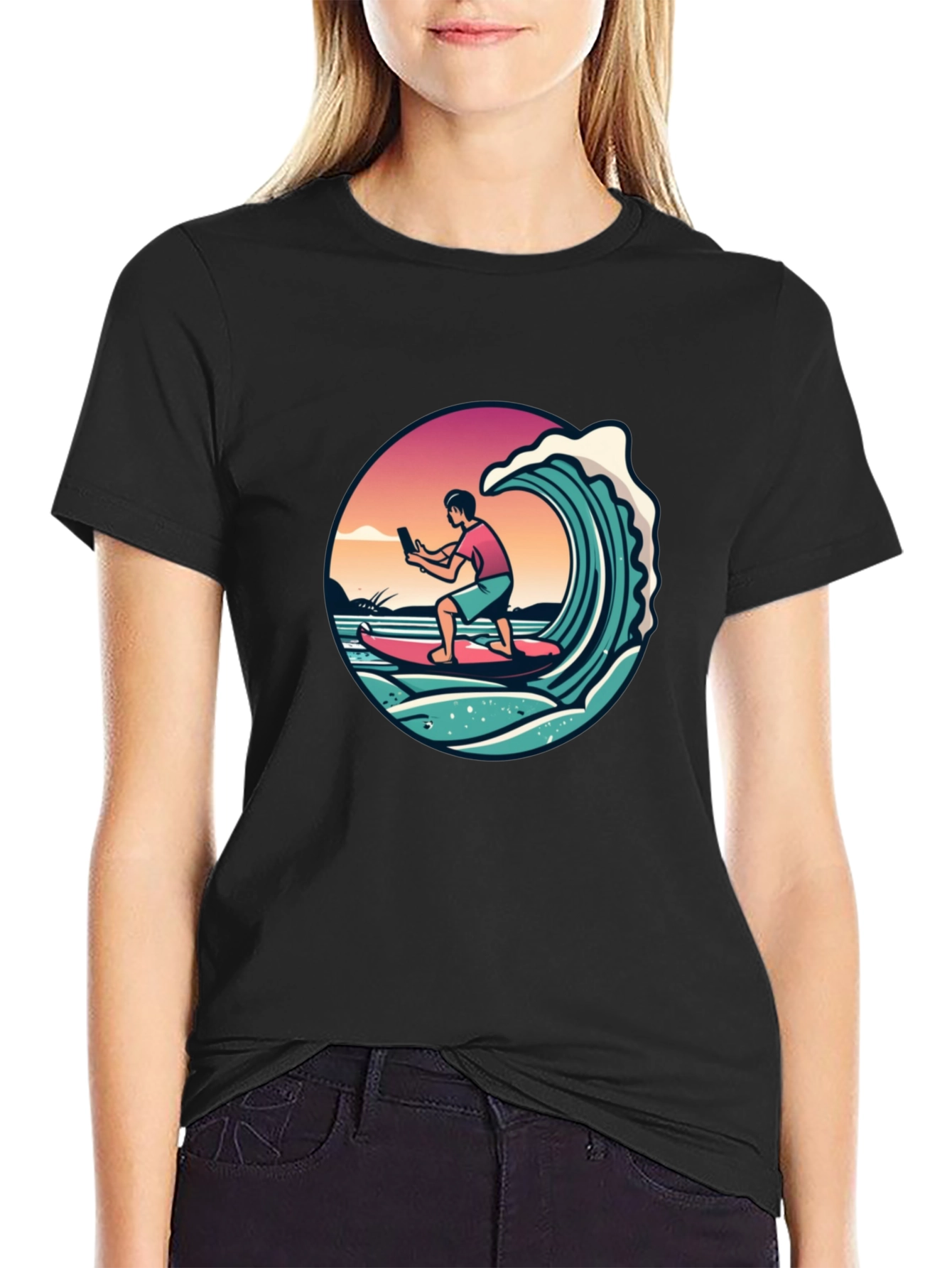 Surfing Selfie Black T-Shirt - 2