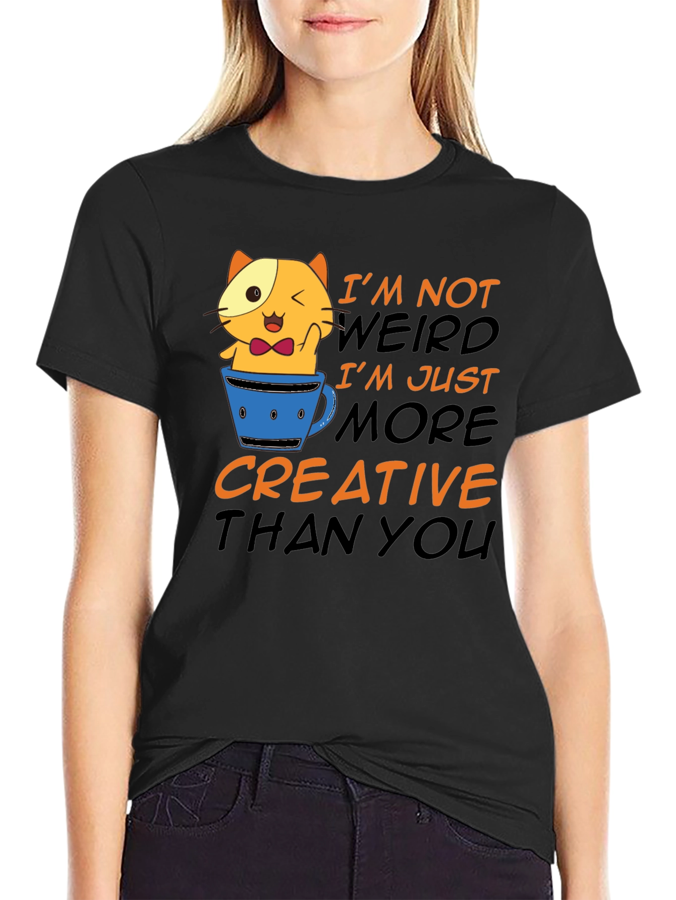 Black Creative Cat T-Shirt - Funny Graphic Tee view 2