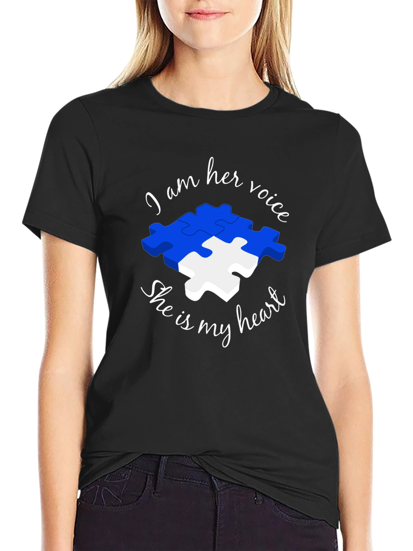 Black Autism Awareness Puzzle Piece T-Shirt - Voice and Heart view 2