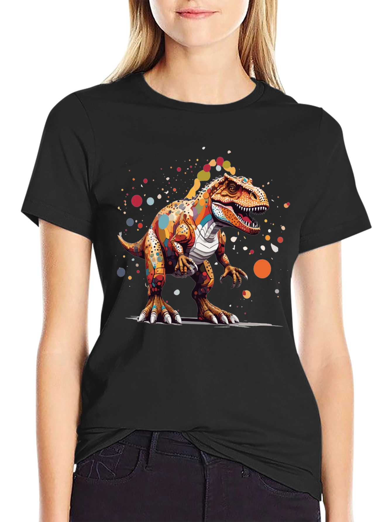 Black Colorful Dinosaur Graphic T-Shirt view 2