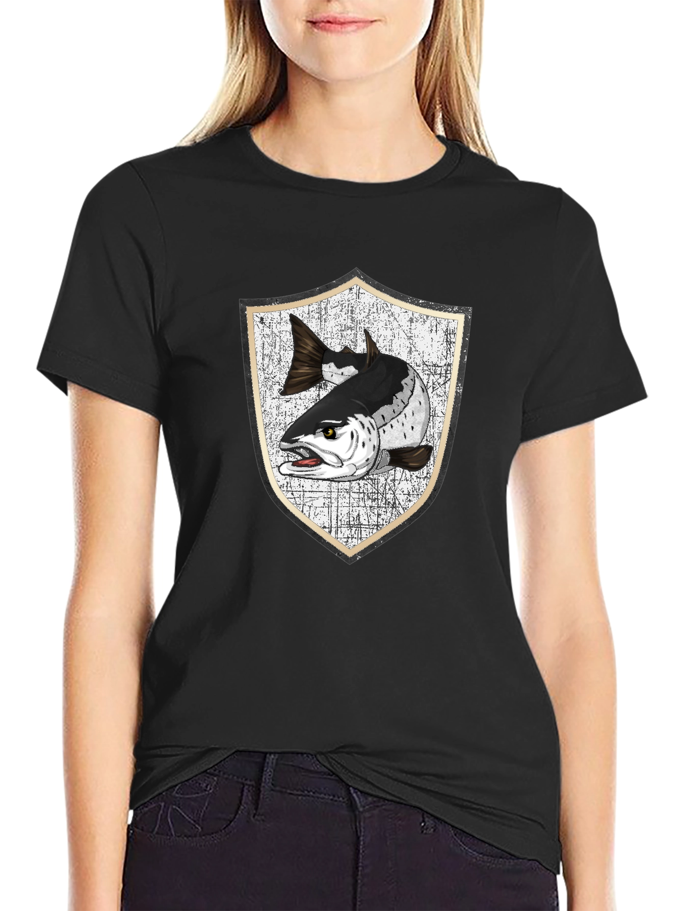 Men's Black T-Shirt with Fish Crest Graphic - 2
