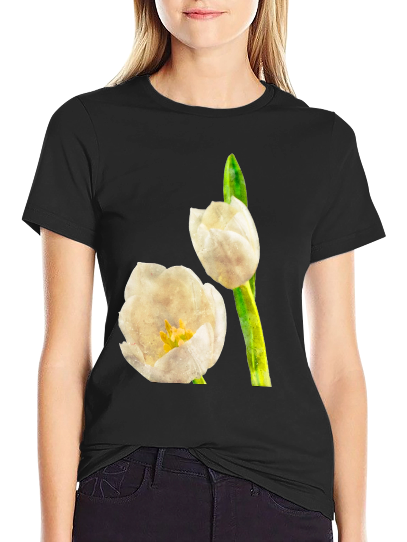 Black Tulip Graphic Tee - Black Cotton T-Shirt view 2