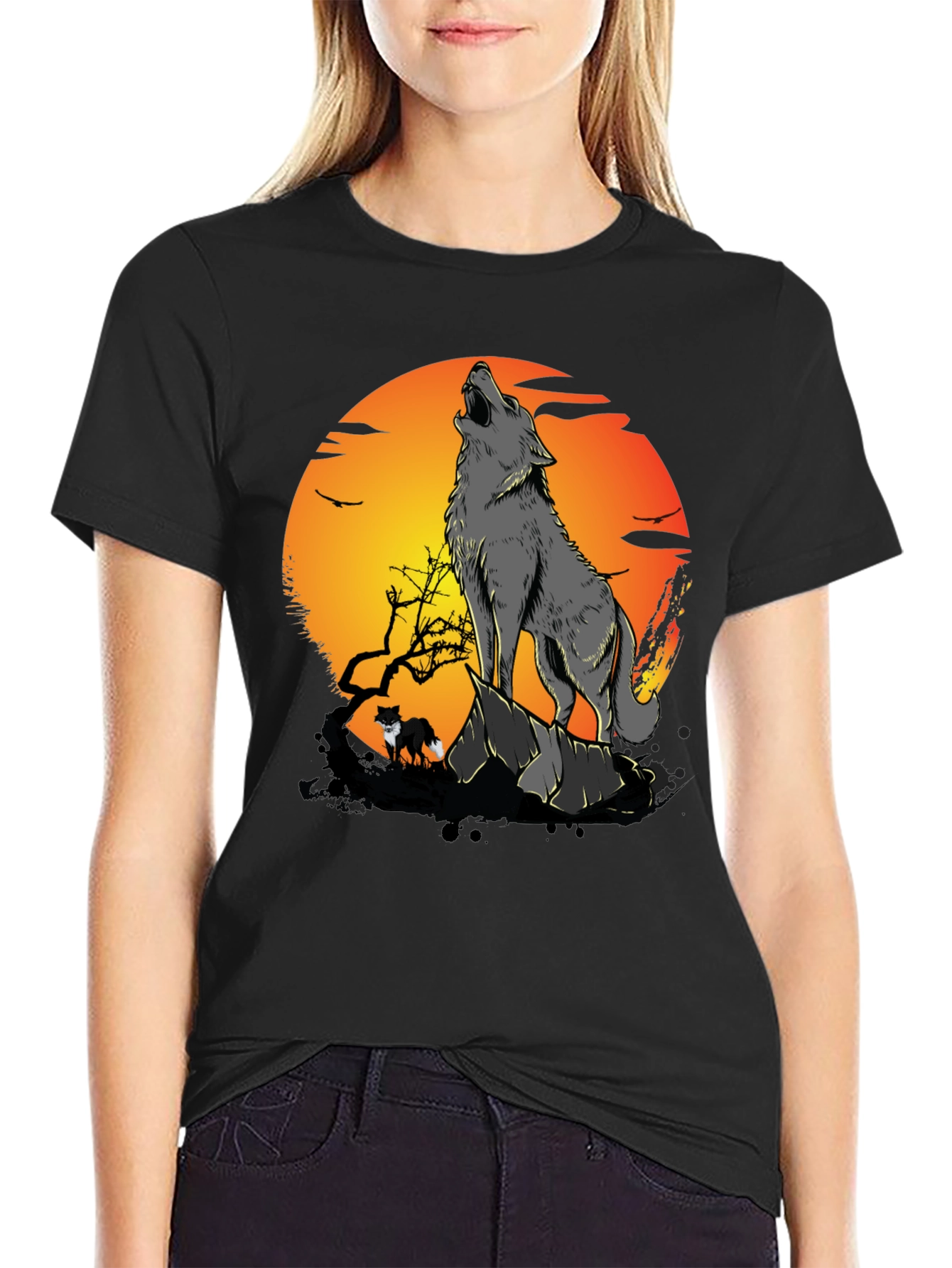 Black Wolf Howling at Moon Graphic Tee view 2