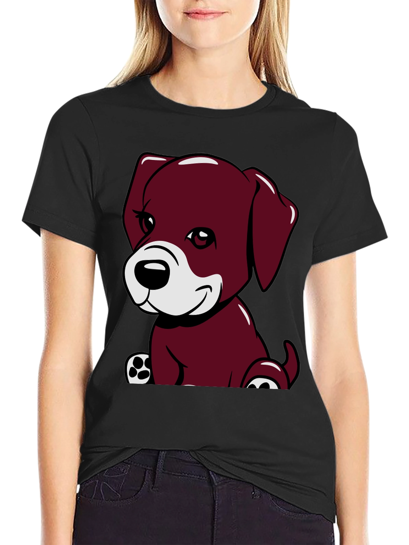 Black Cute Puppy Graphic Tee - Black Cotton Comfort view 2