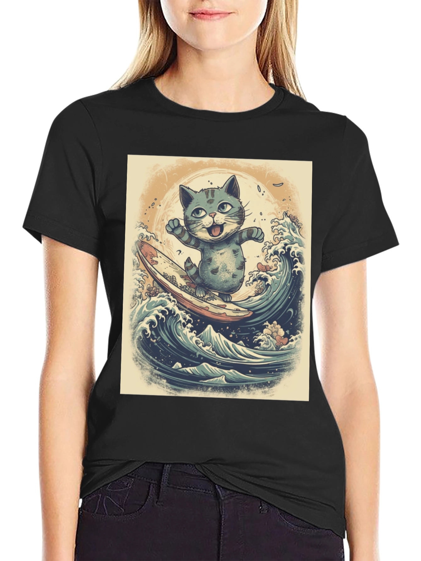 Black Cat Surfing Graphic Tee - Black Cotton Blend view 2