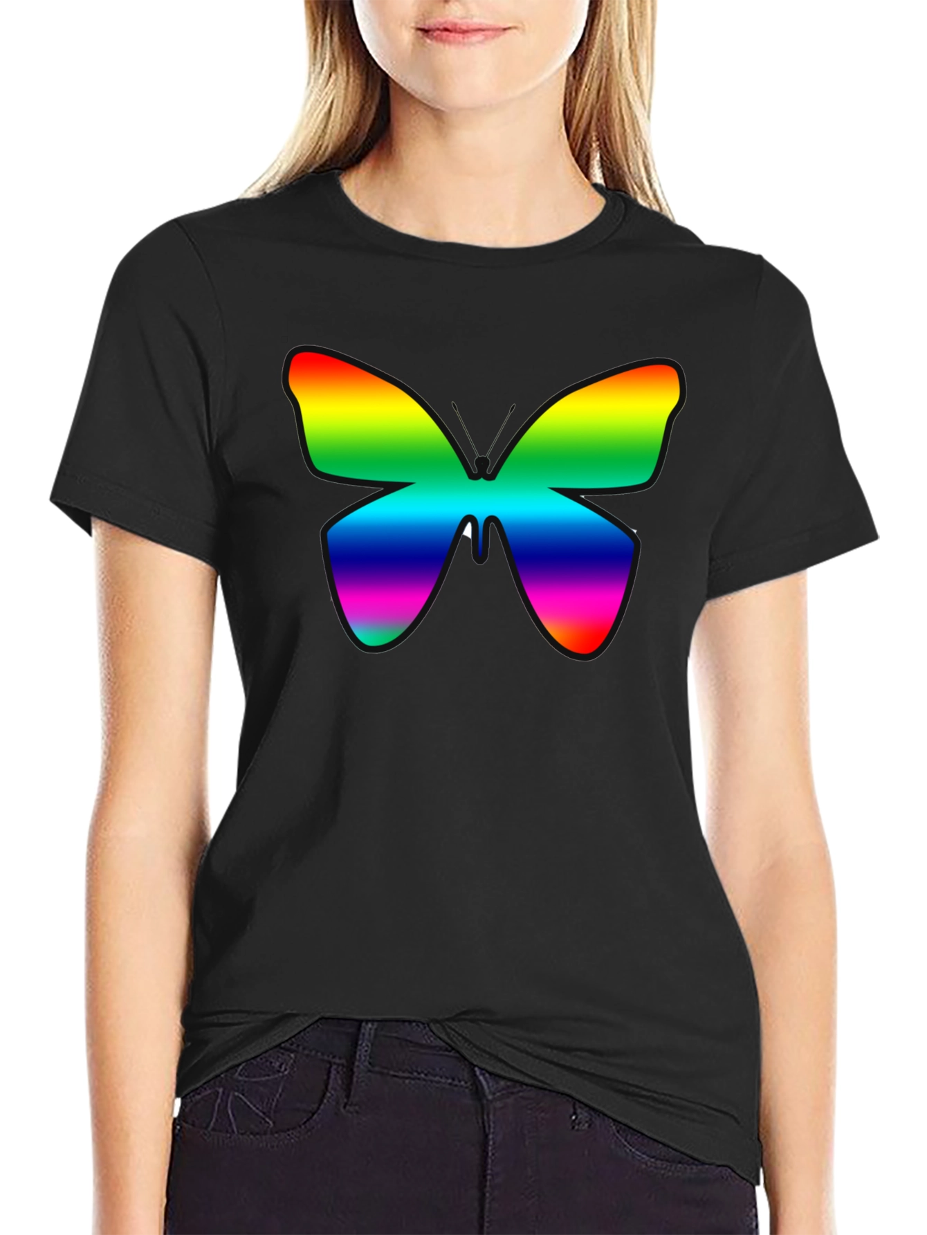 Black Rainbow Butterfly Graphic Black T-Shirt view 2