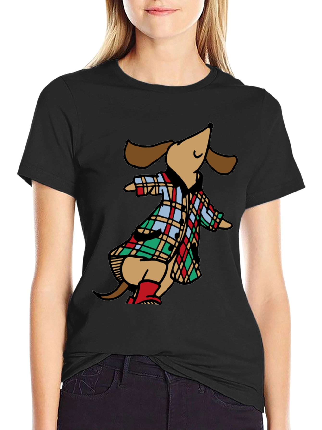 Black Dachshund in Plaid Raincoat T-Shirt view 2