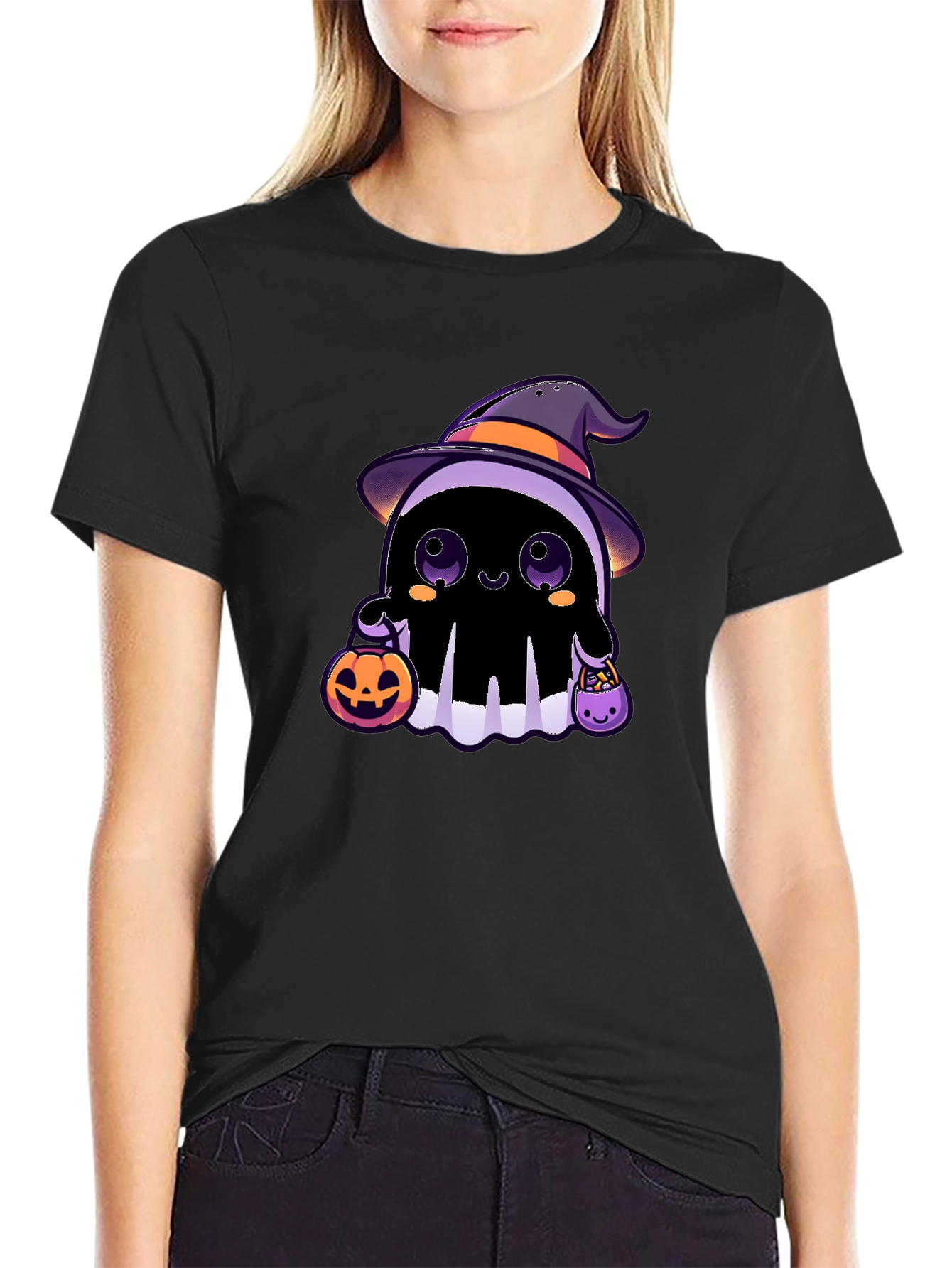 Black Halloween Ghost T-Shirt - Cute Witch Ghost view 2