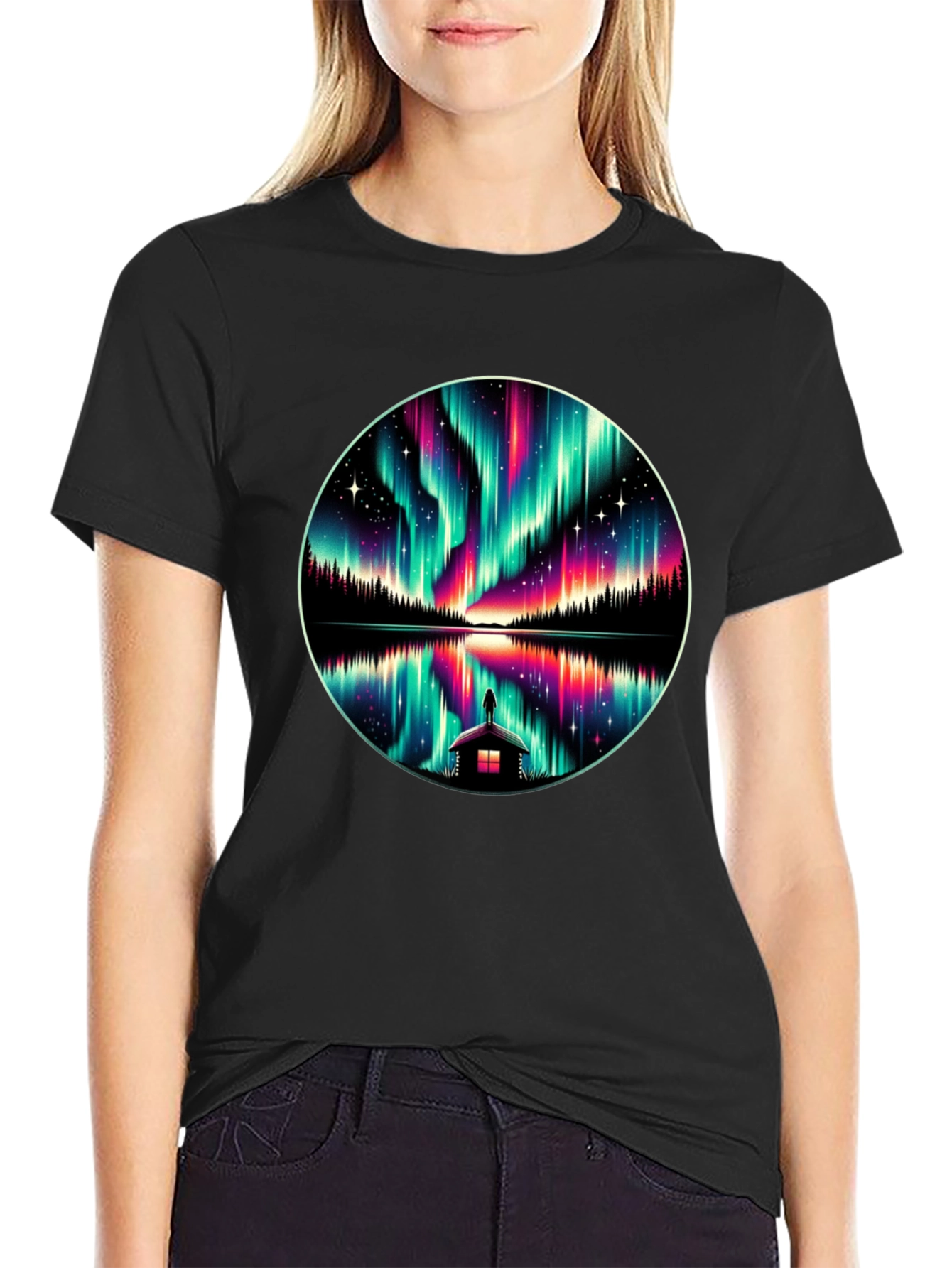 Black Aurora Borealis Reflection T-Shirt view 2