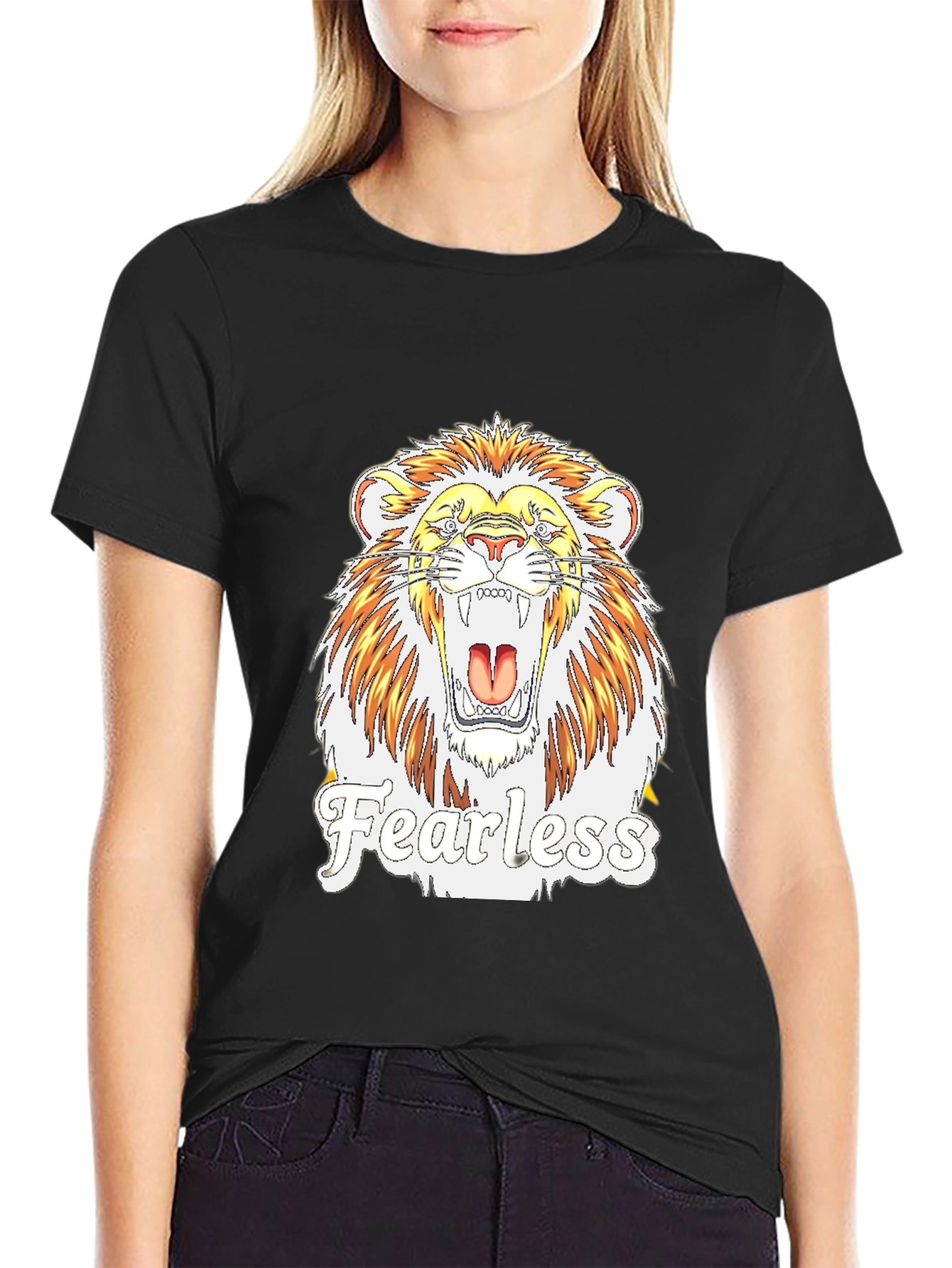 Black Fearless Lion Graphic Print T-Shirt view 2