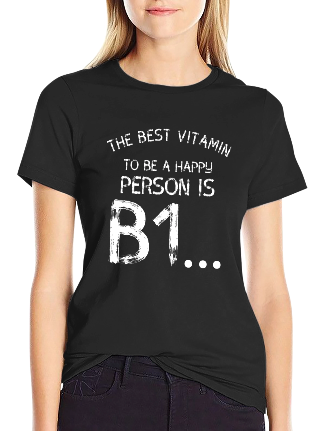 Black Funny B1 Vitamin Happy Person Black T-Shirt view 2
