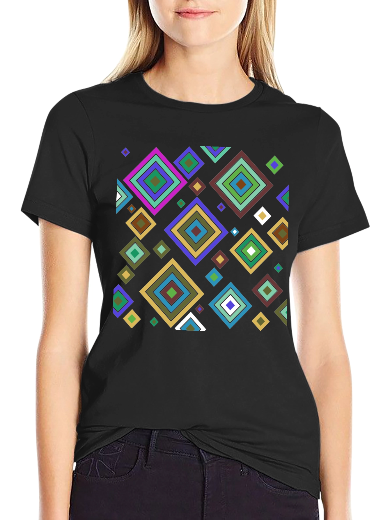 Black Geometric Diamond Pattern Black T-Shirt view 2