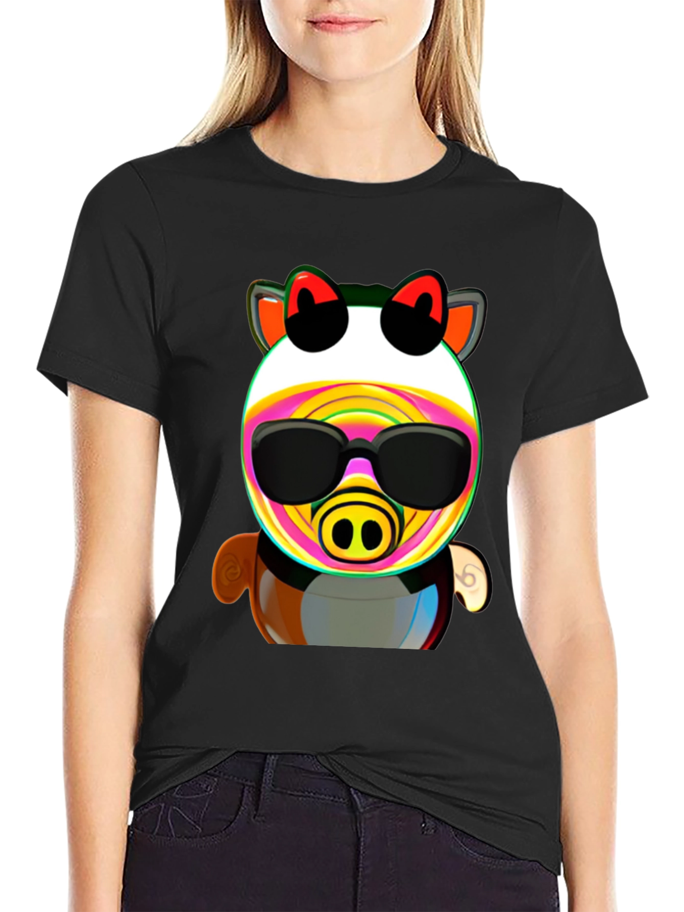Black Cartoon Pig in Sunglasses Graphic Tee - Black view 2