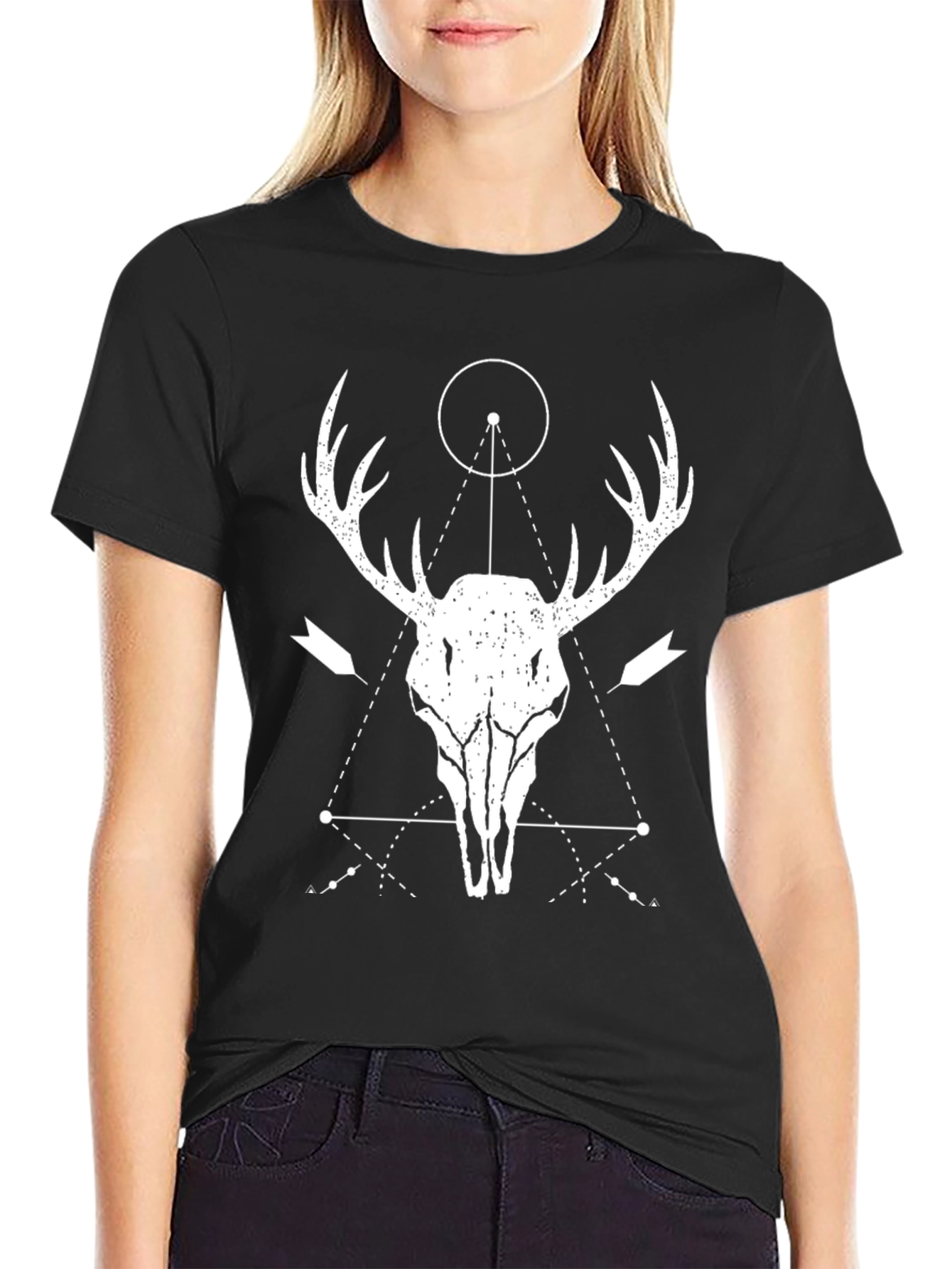 Black Geometric Deer Skull Graphic T-Shirt view 2