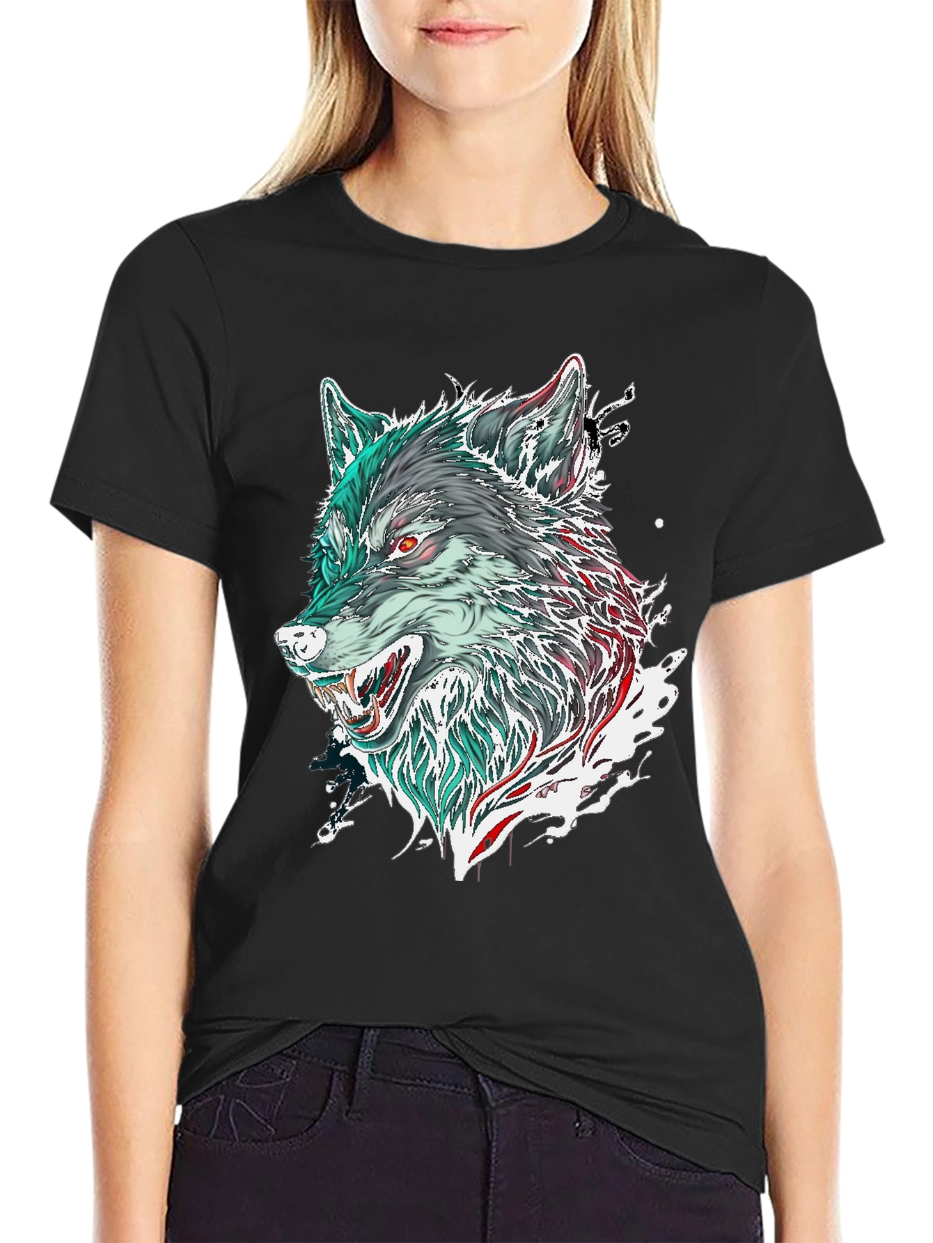 Black Wolf Graphic Print Black T-Shirt view 2