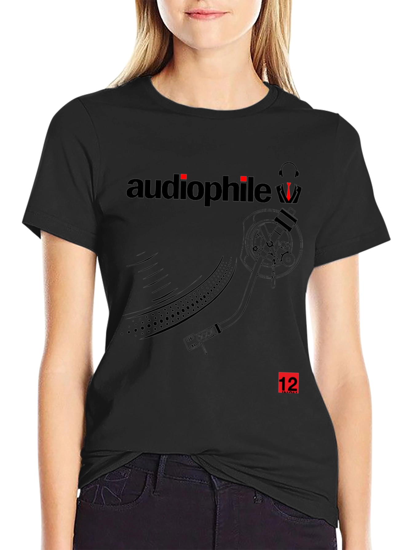 Black Audiophile T-Shirt - Record Player Graphic Tee - Black view 2