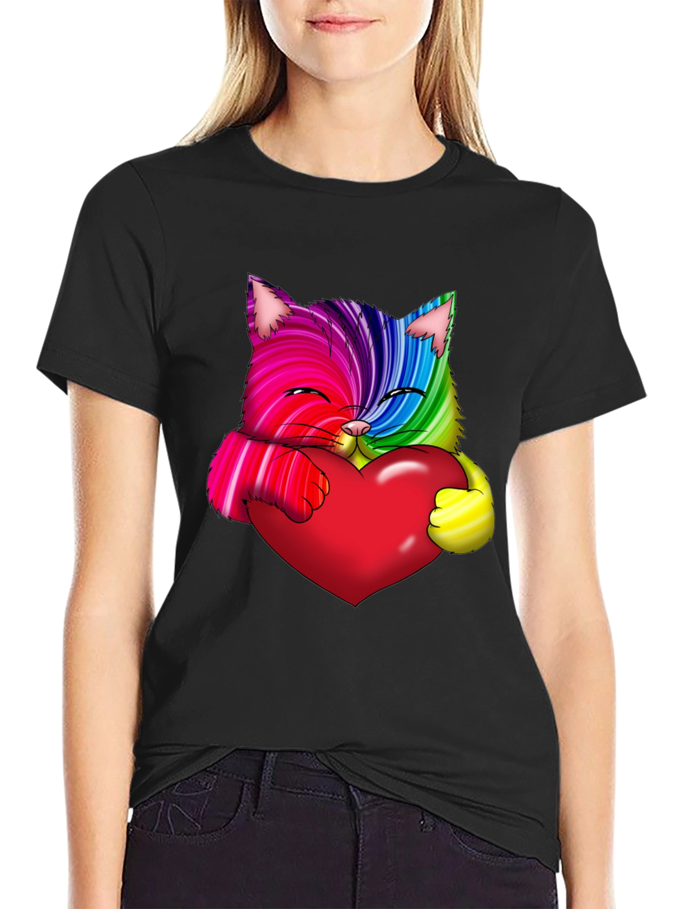 Black Rainbow Cat Heart Graphic Tee - Love & Pride view 2