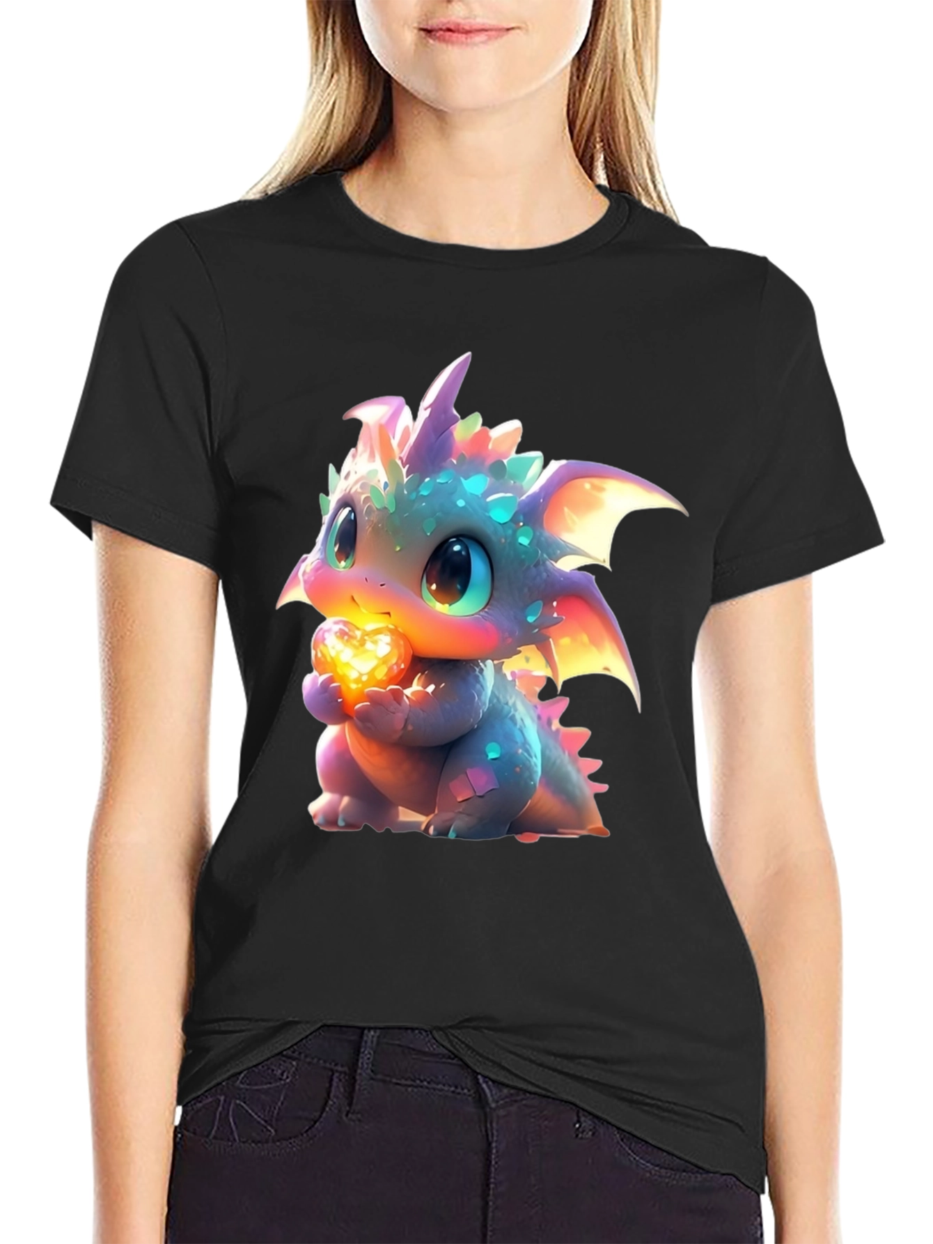 Black Cute Dragon Holding Heart Graphic T-Shirt view 2