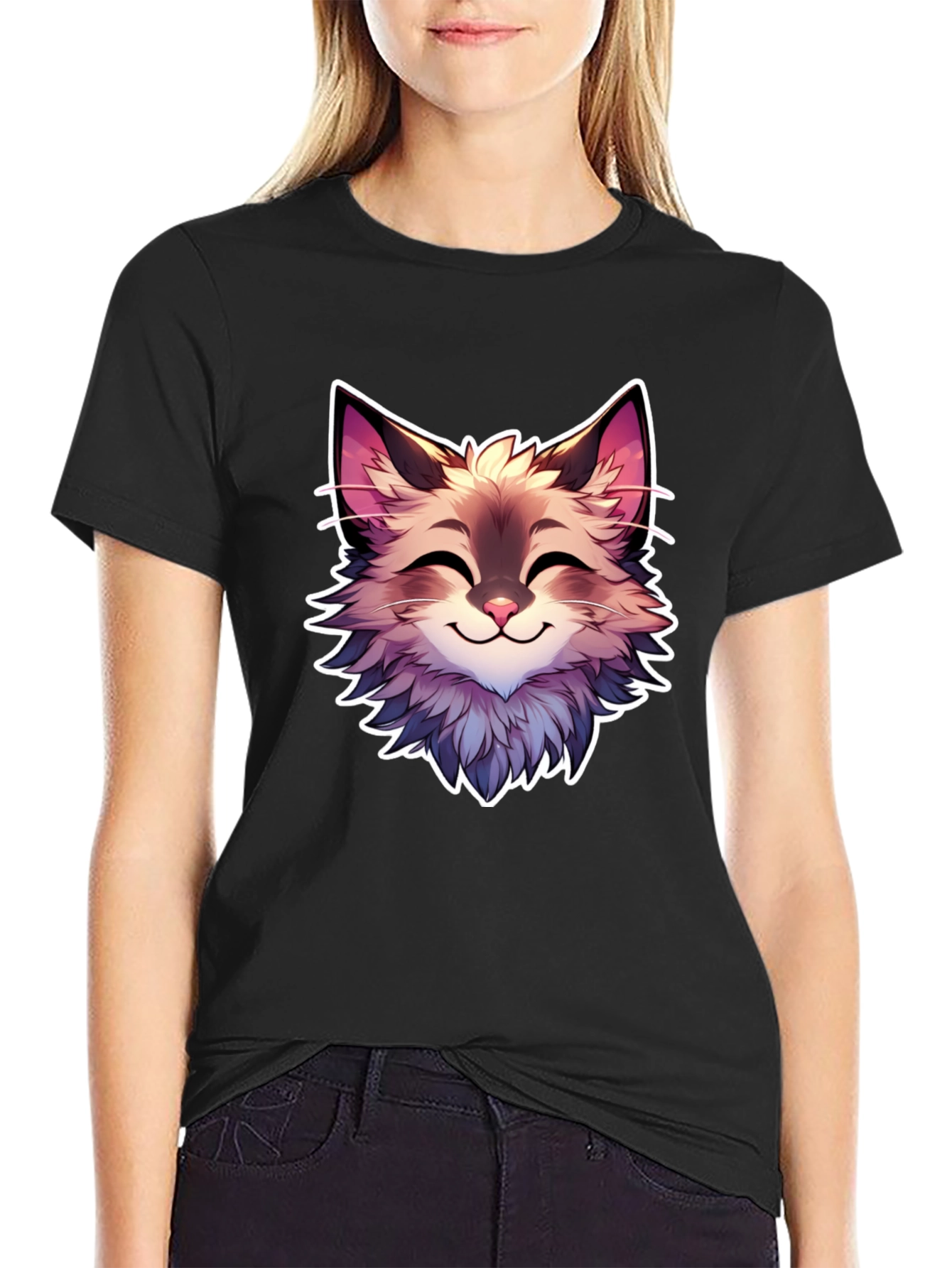 Black Cute Cartoon Cat Graphic Black T-Shirt view 2
