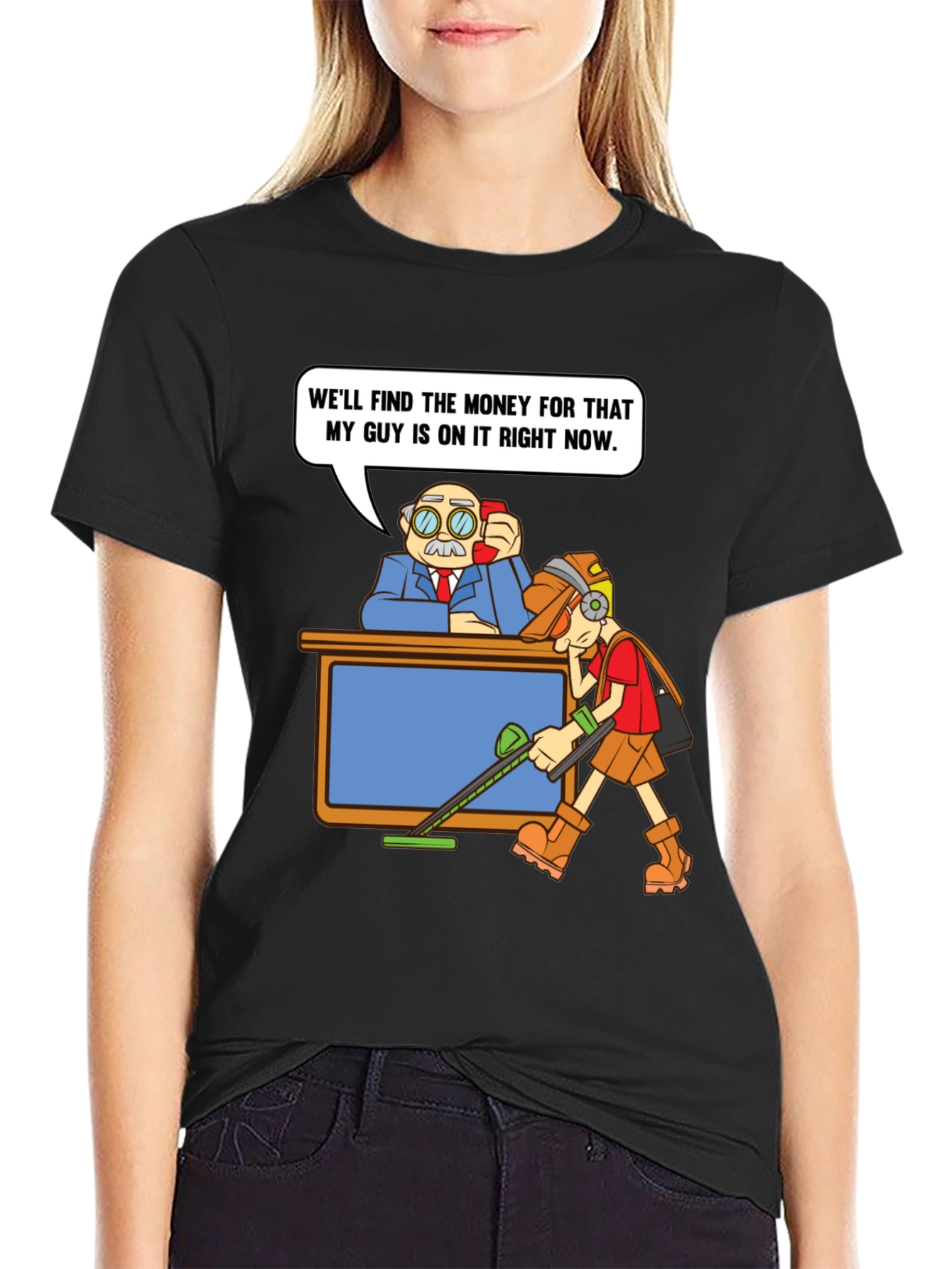 Black Humorous T-Shirt: Money Recovery Cartoon view 2