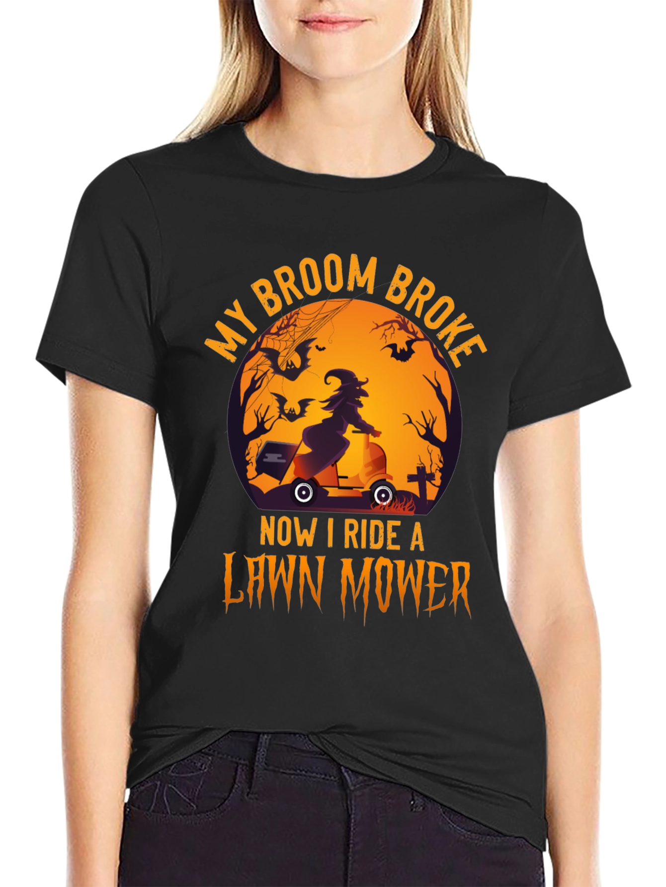 Black Halloween Witch Lawn Mower T-Shirt view 2