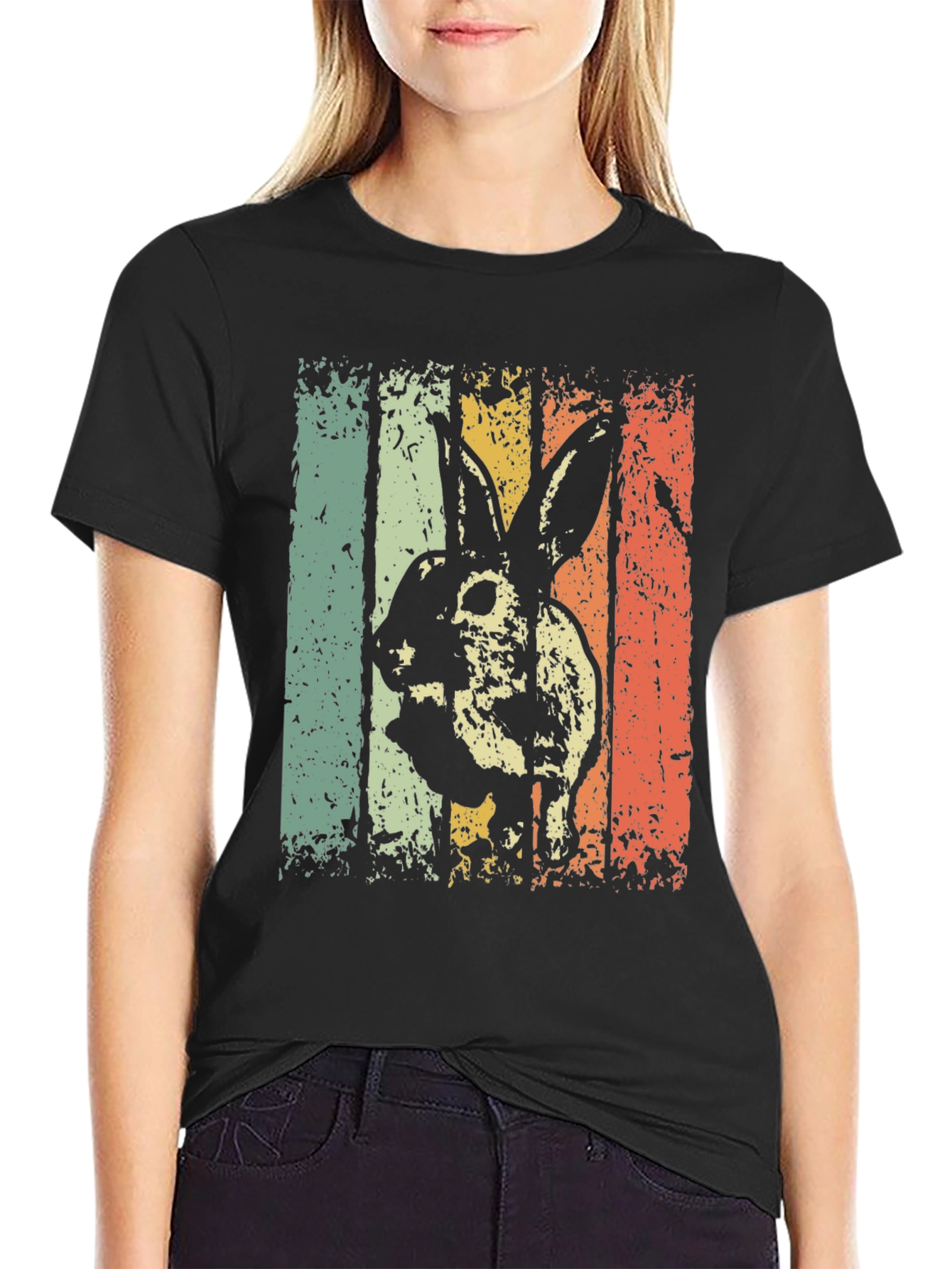 Black Vintage Style Rabbit Graphic T-Shirt view 2