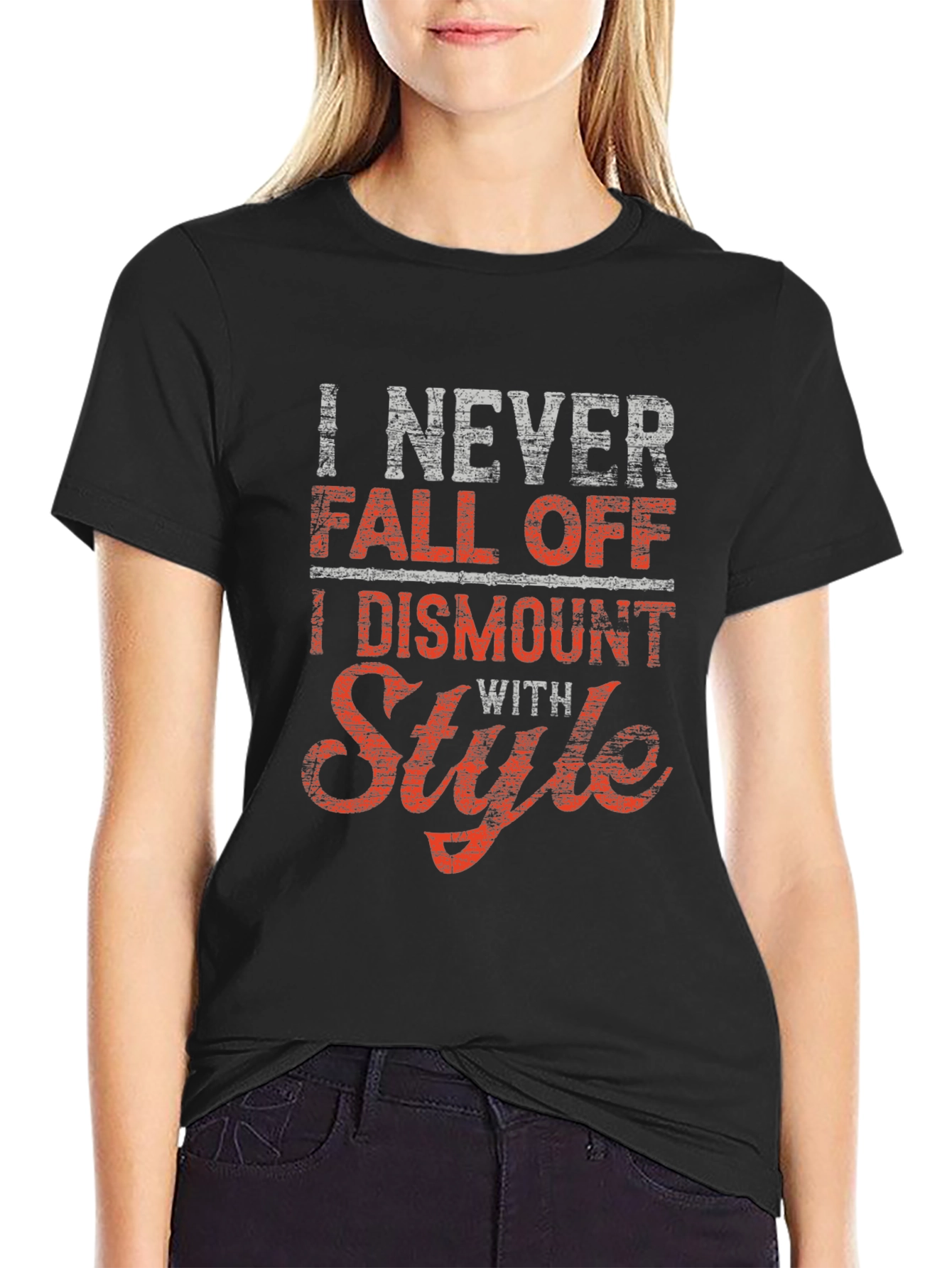 Black Funny Style T-Shirt - I Never Fall Off, I Dismount With Style view 2