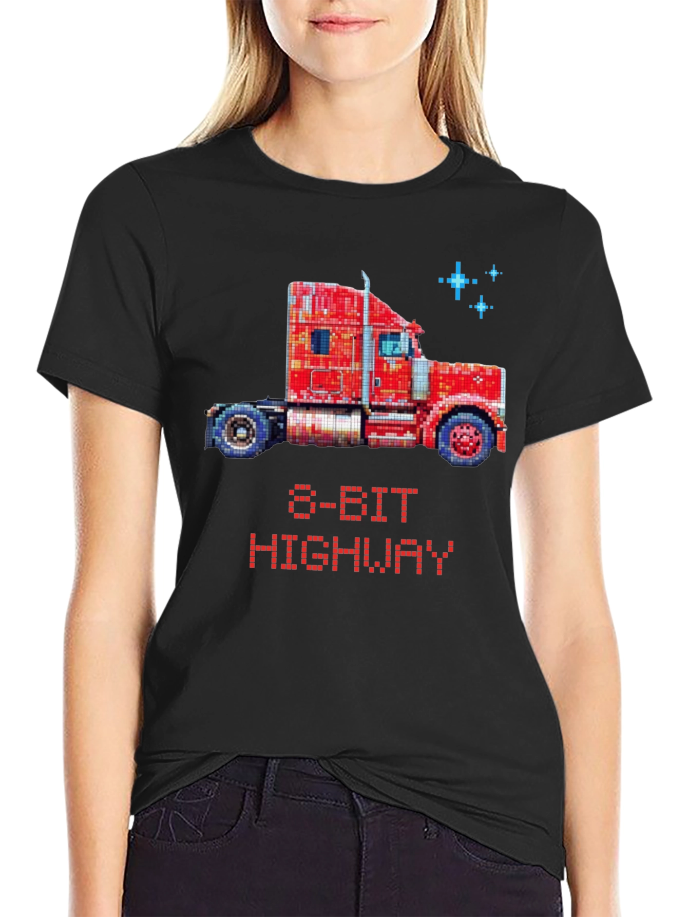 Black 8-Bit Highway Trucker T-Shirt - Retro Gaming Style view 2