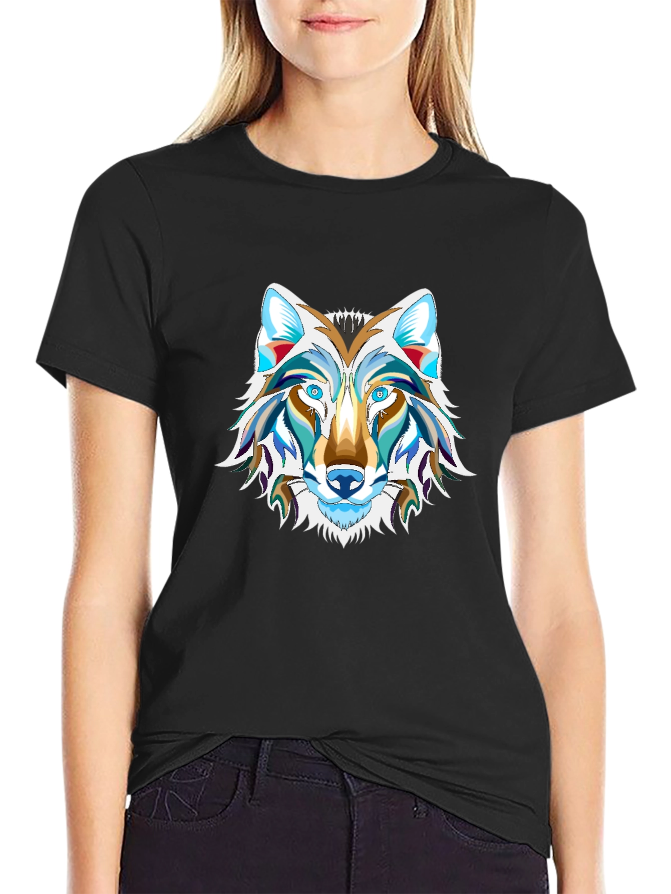Black Men's Black Graphic Tee - Wolf Design view 2