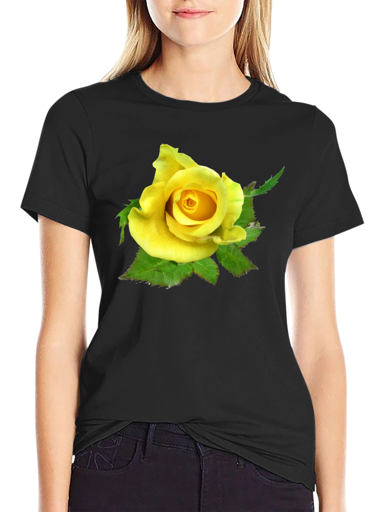 Black Yellow Rose Graphic Tee - Black Casual T-Shirt view 2