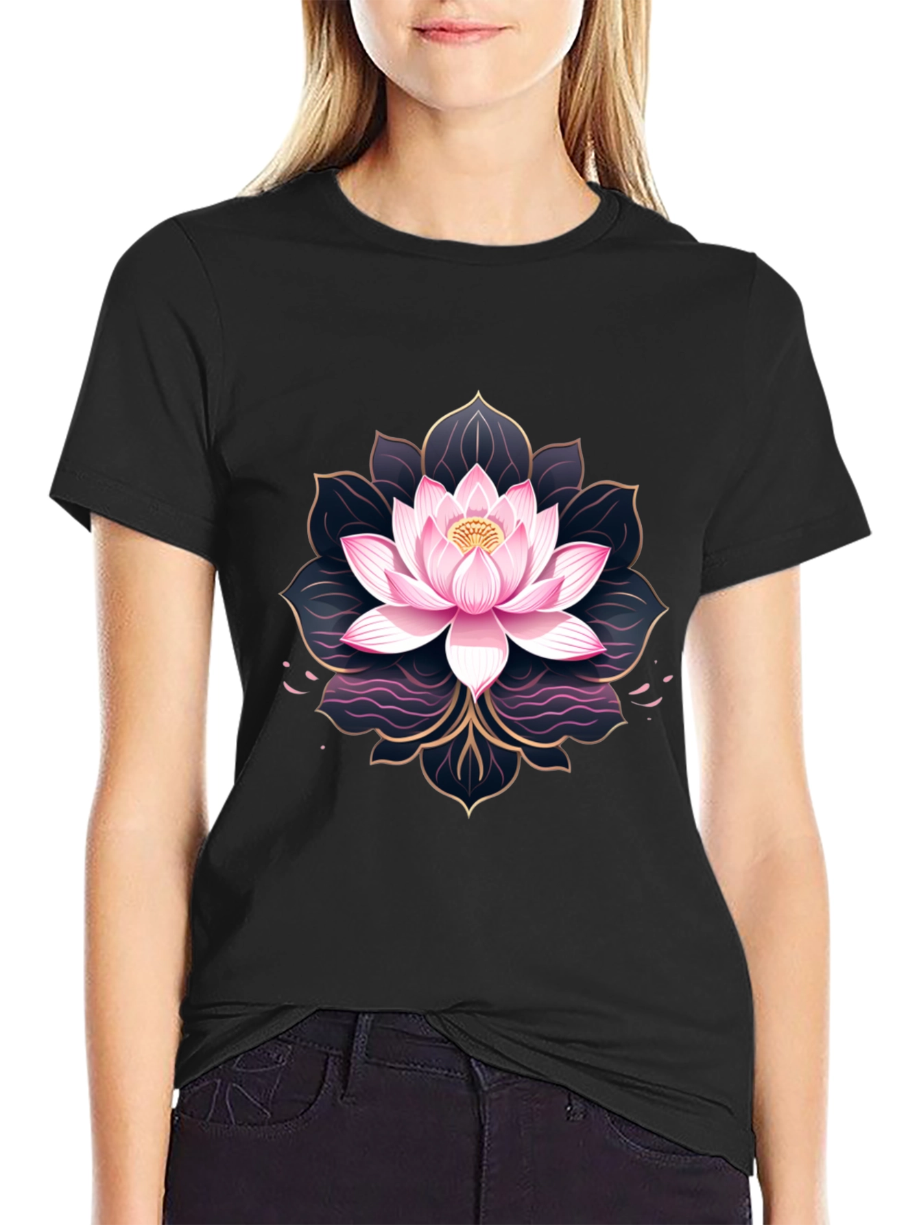 Black Lotus Flower Graphic Print Men's Black T-Shirt view 2