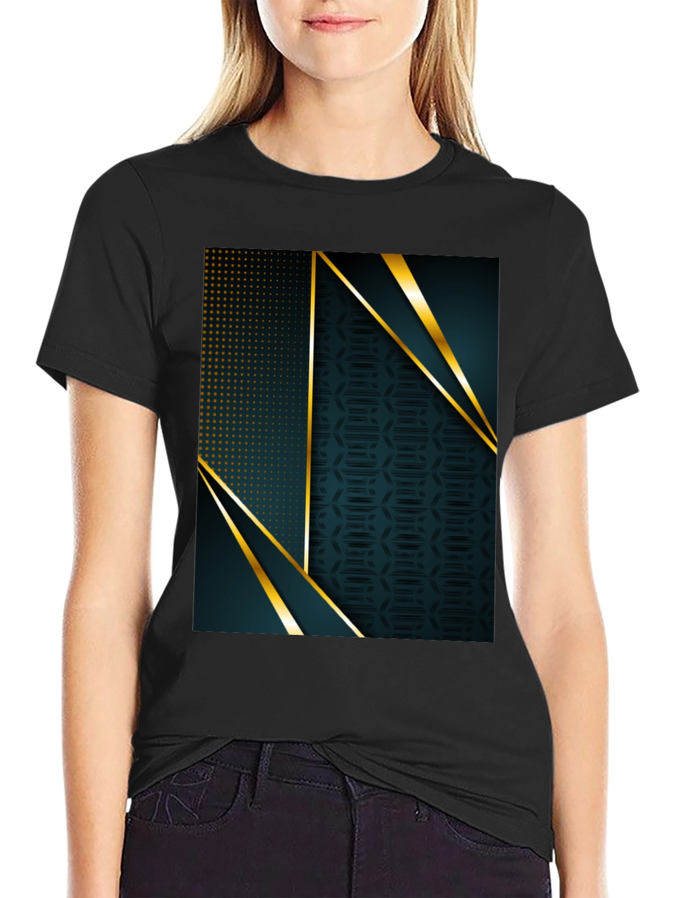 Black Stylish Geometric Gold Accent Black T-Shirt view 2