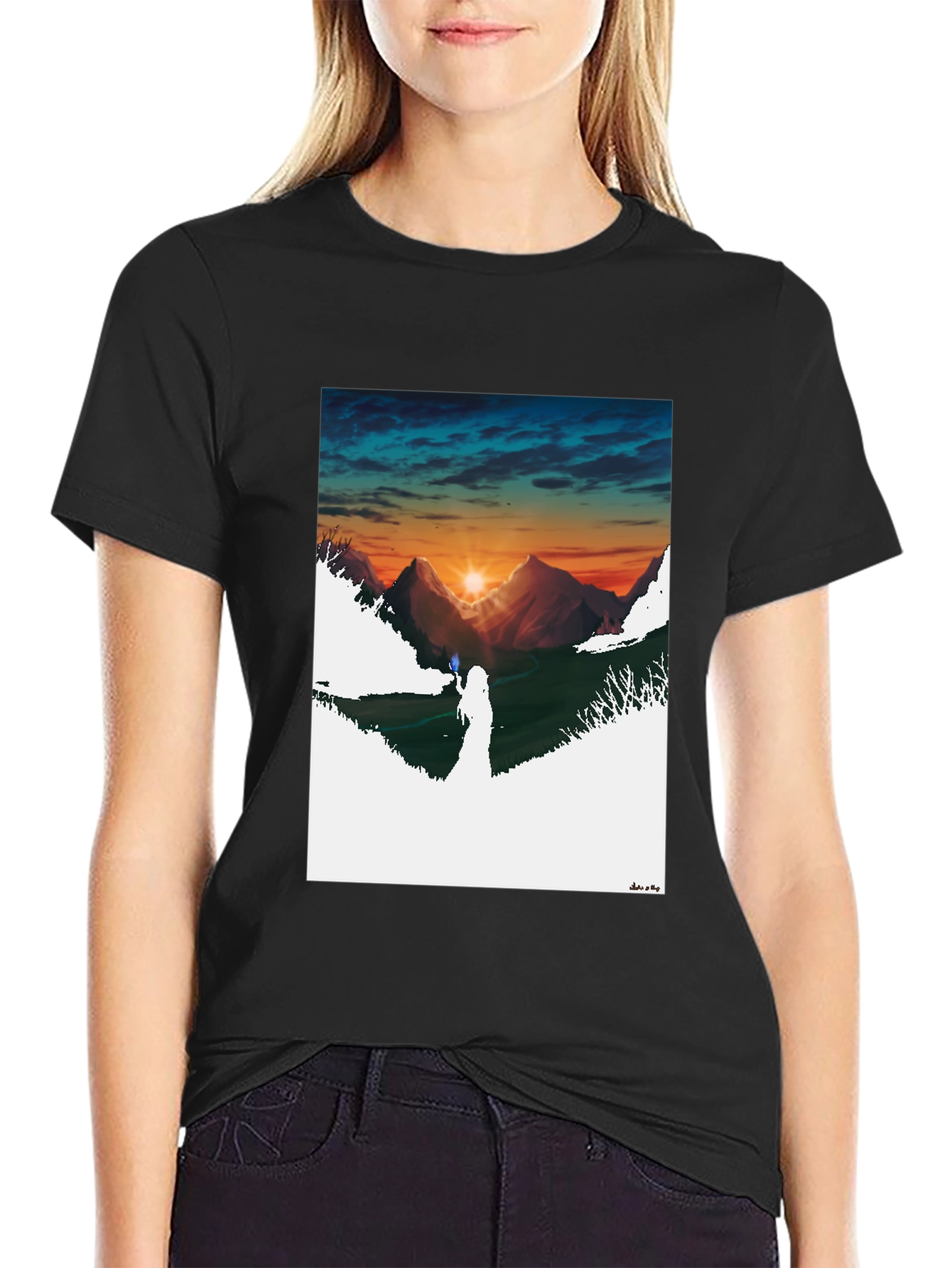 Black Sunset Mountain Graphic Tee - Stylish Black T-Shirt view 2