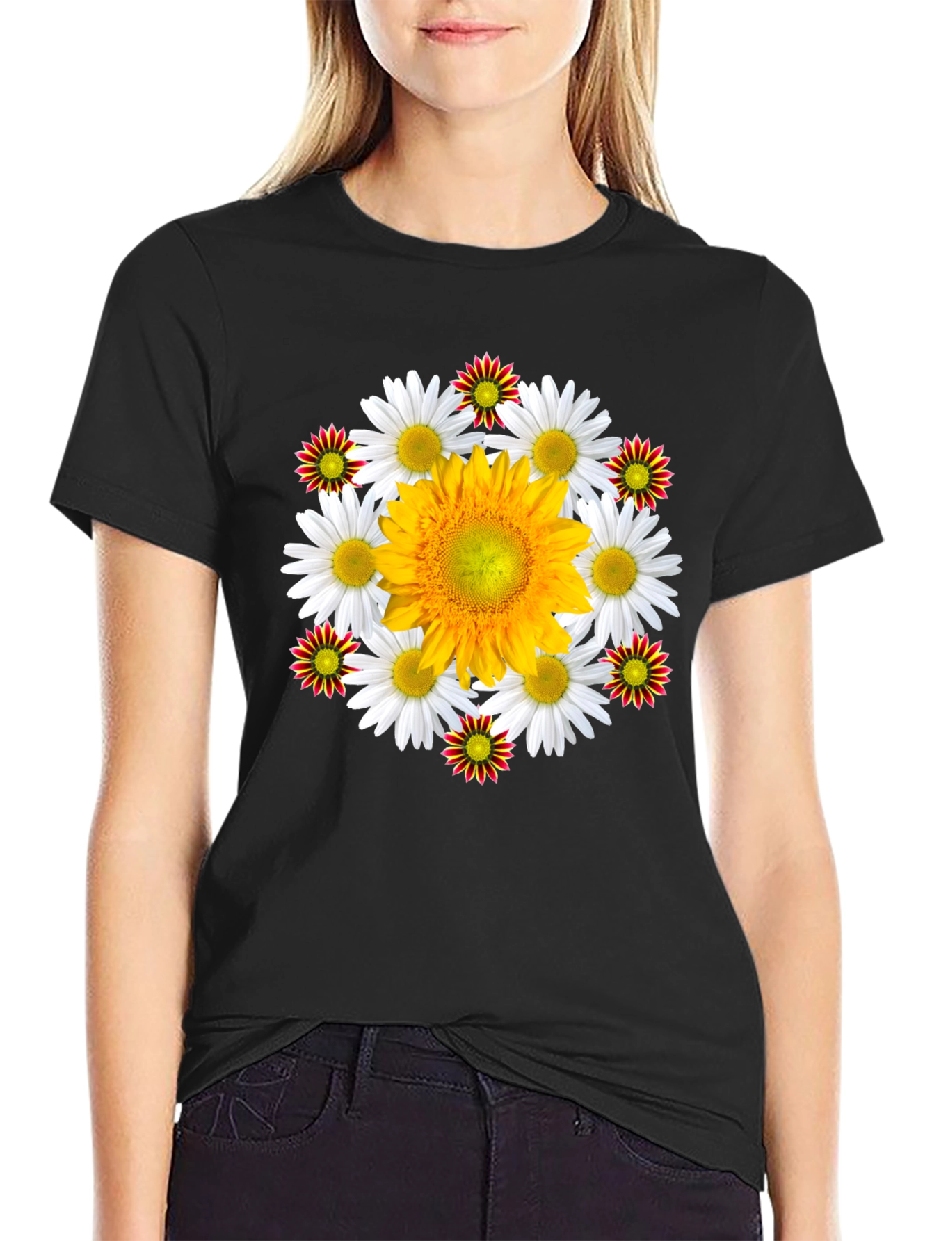 Black Floral T-Shirt: Sunflower & Daisy Design view 2