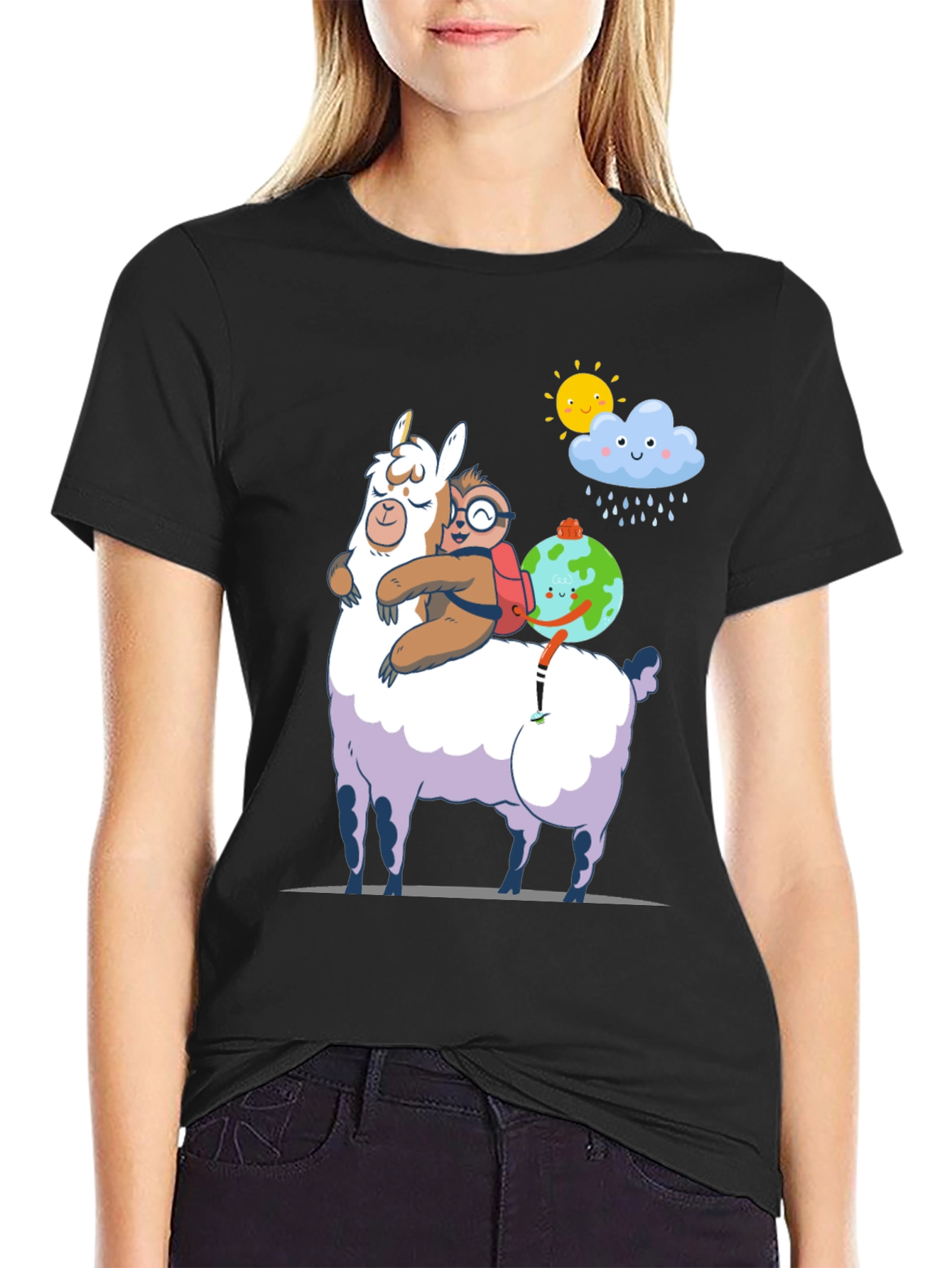 Black Llama, Sloth, and Earth T-Shirt view 2