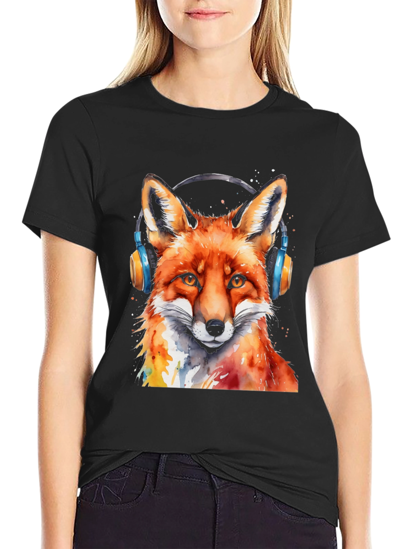 Black Cool Fox Headphones T-Shirt view 2