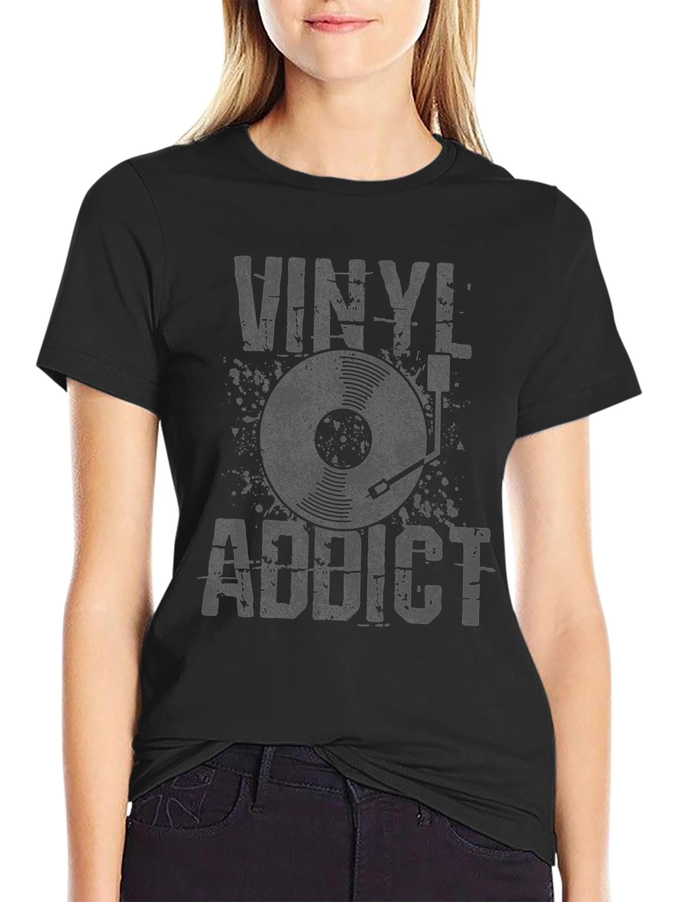 Black Vinyl Addict Graphic Tee - Retro Music Lover T-Shirt view 2