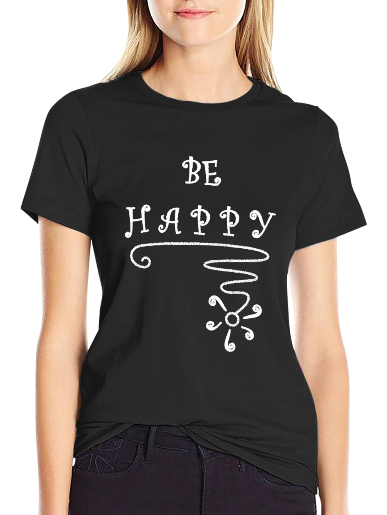 Black Be Happy Graphic T-Shirt, Black Crew Neck Tee view 2