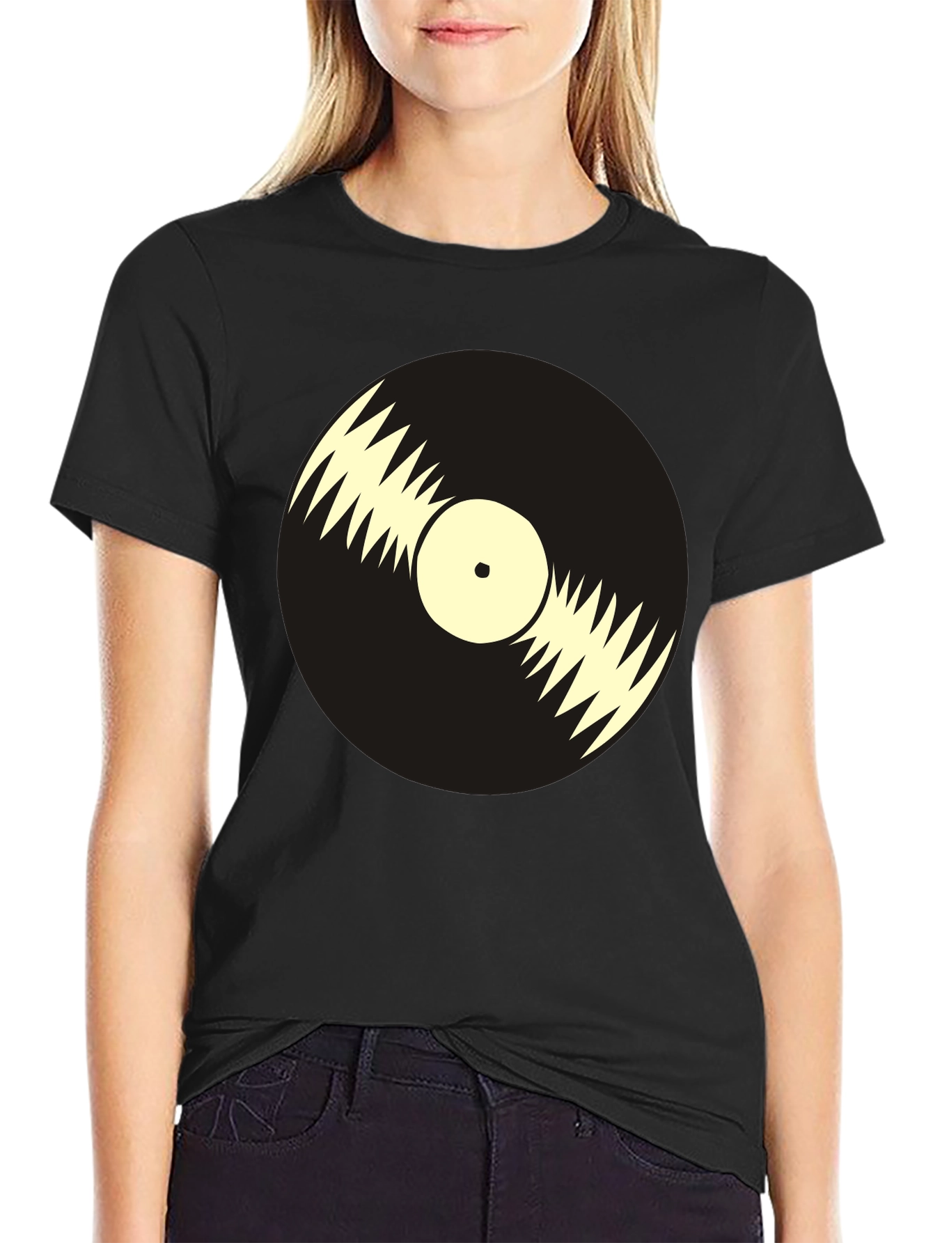 Black Retro Vinyl Record Graphic Tee - Black Cotton T-Shirt view 2