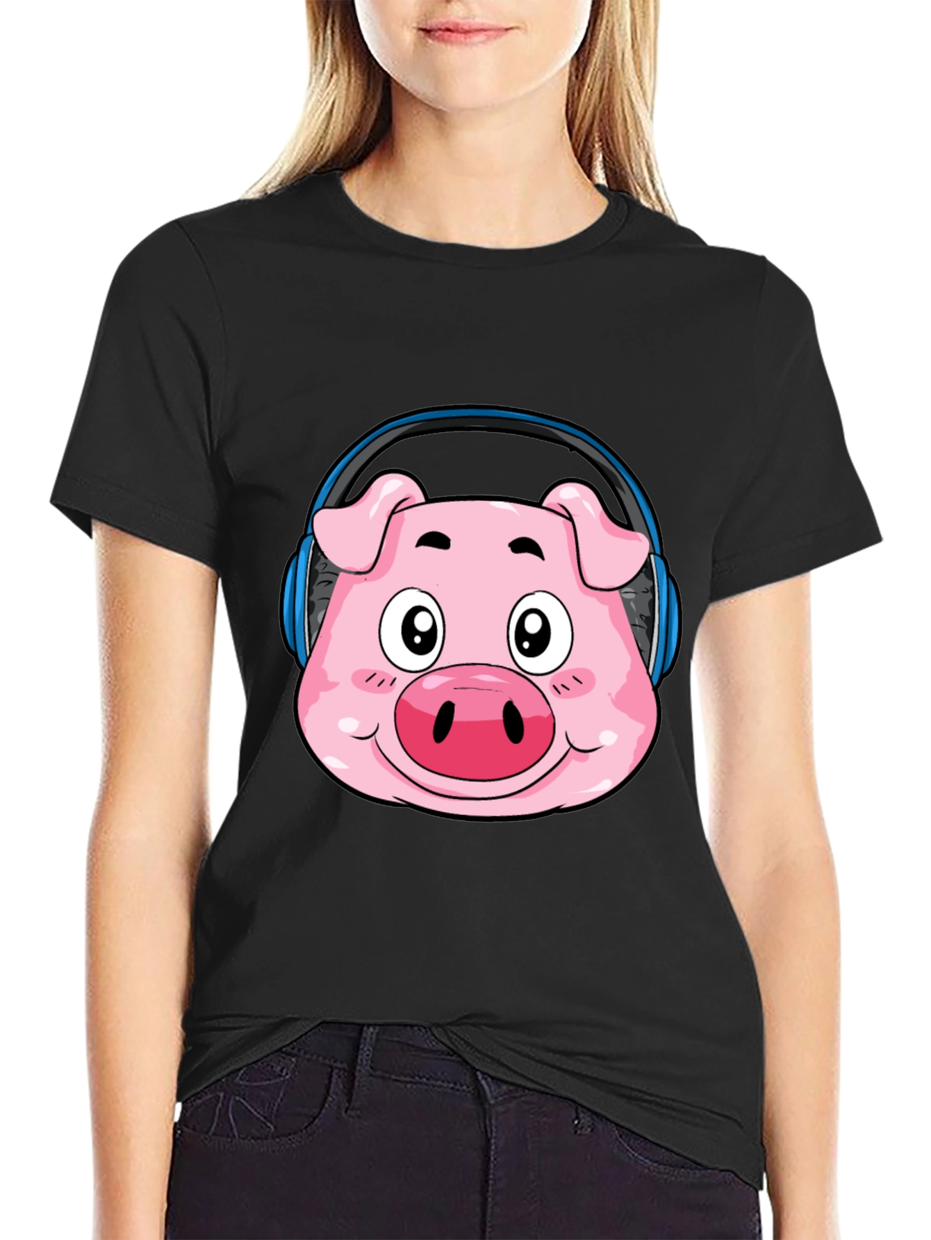 Black Pig Headphone T-Shirt - Funny Cartoon Animal Tee view 2