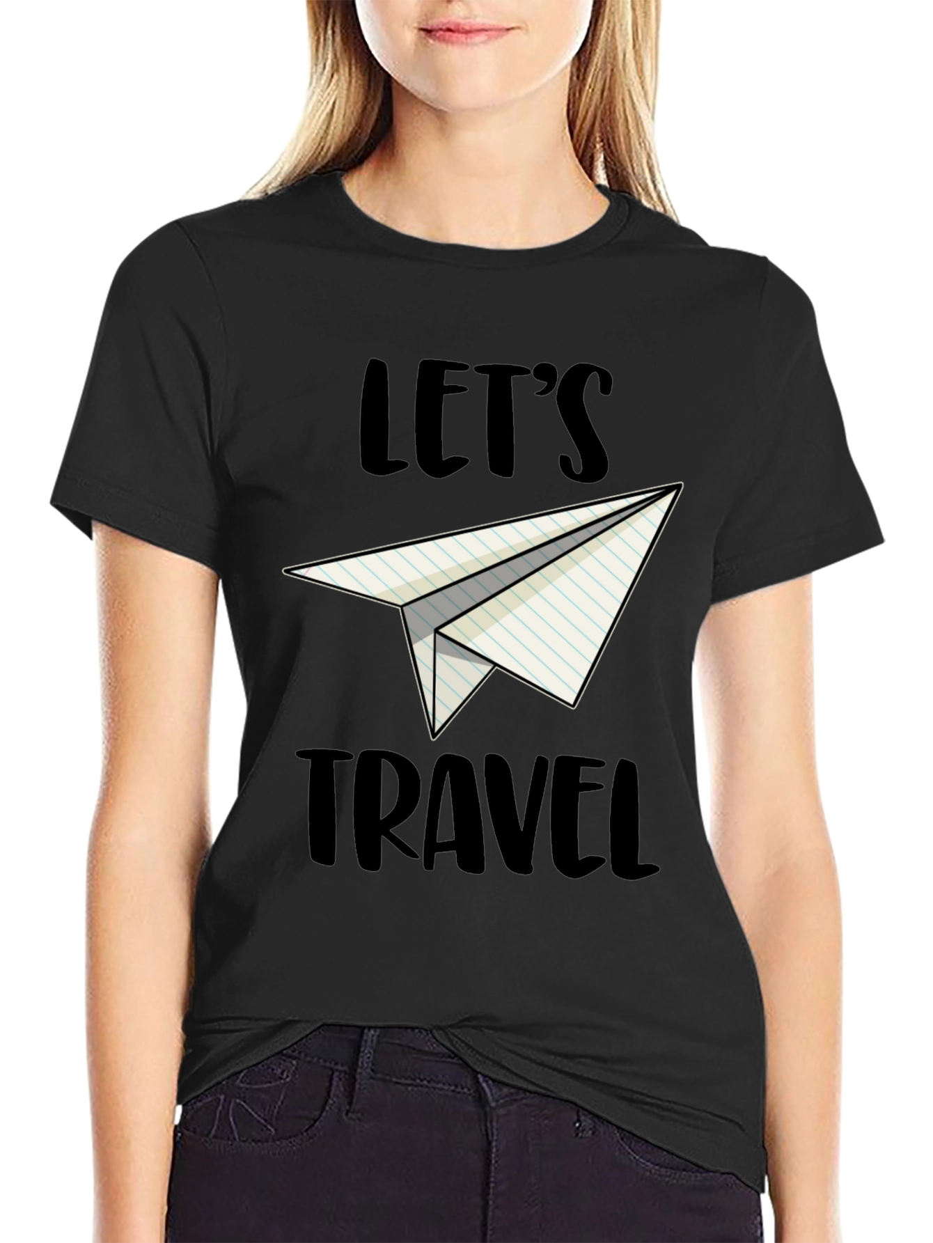 Black Let's Travel Paper Airplane Graphic Tee view 2