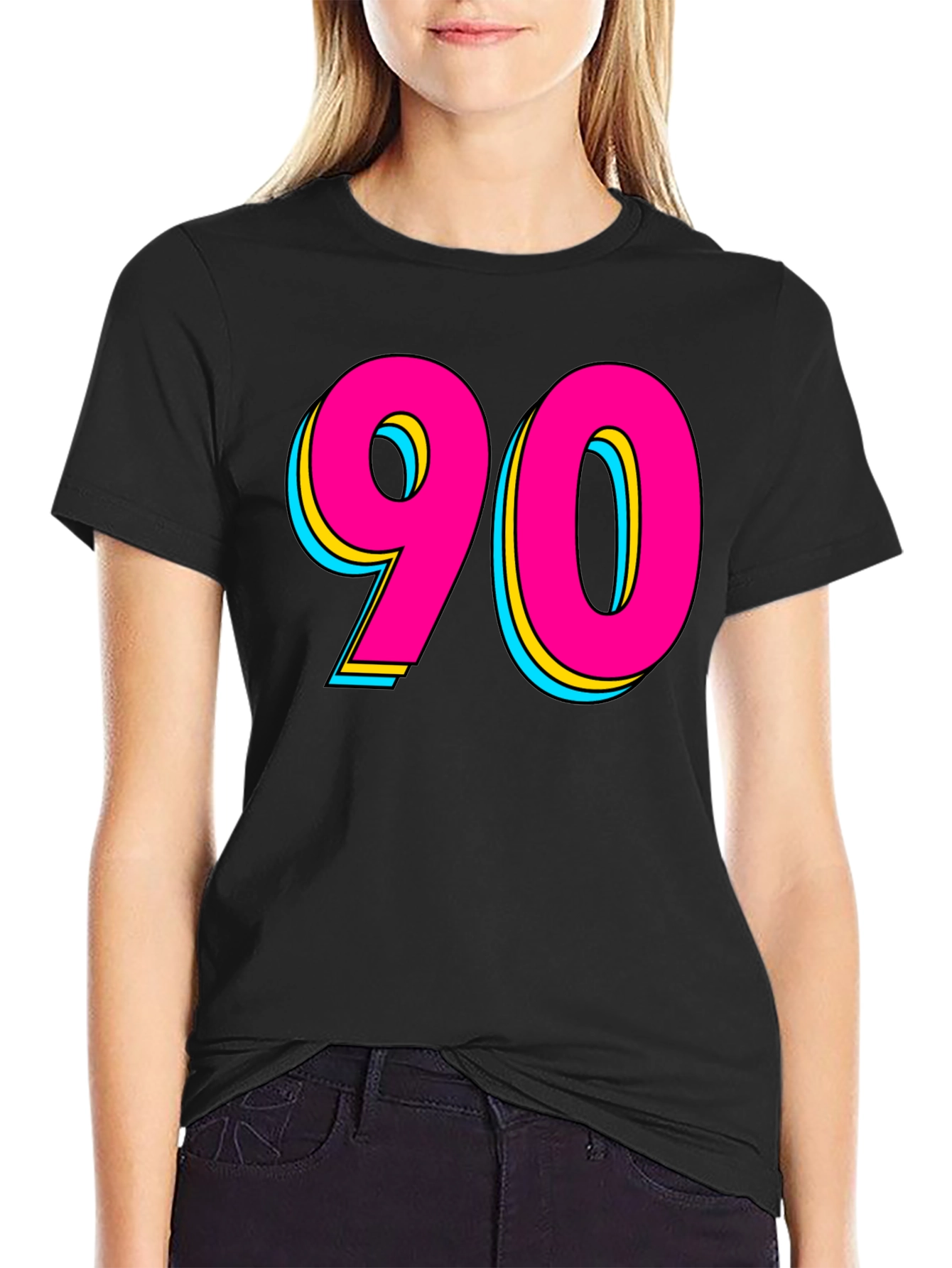Black 90s Style Graphic Tee - Retro Neon Design view 2