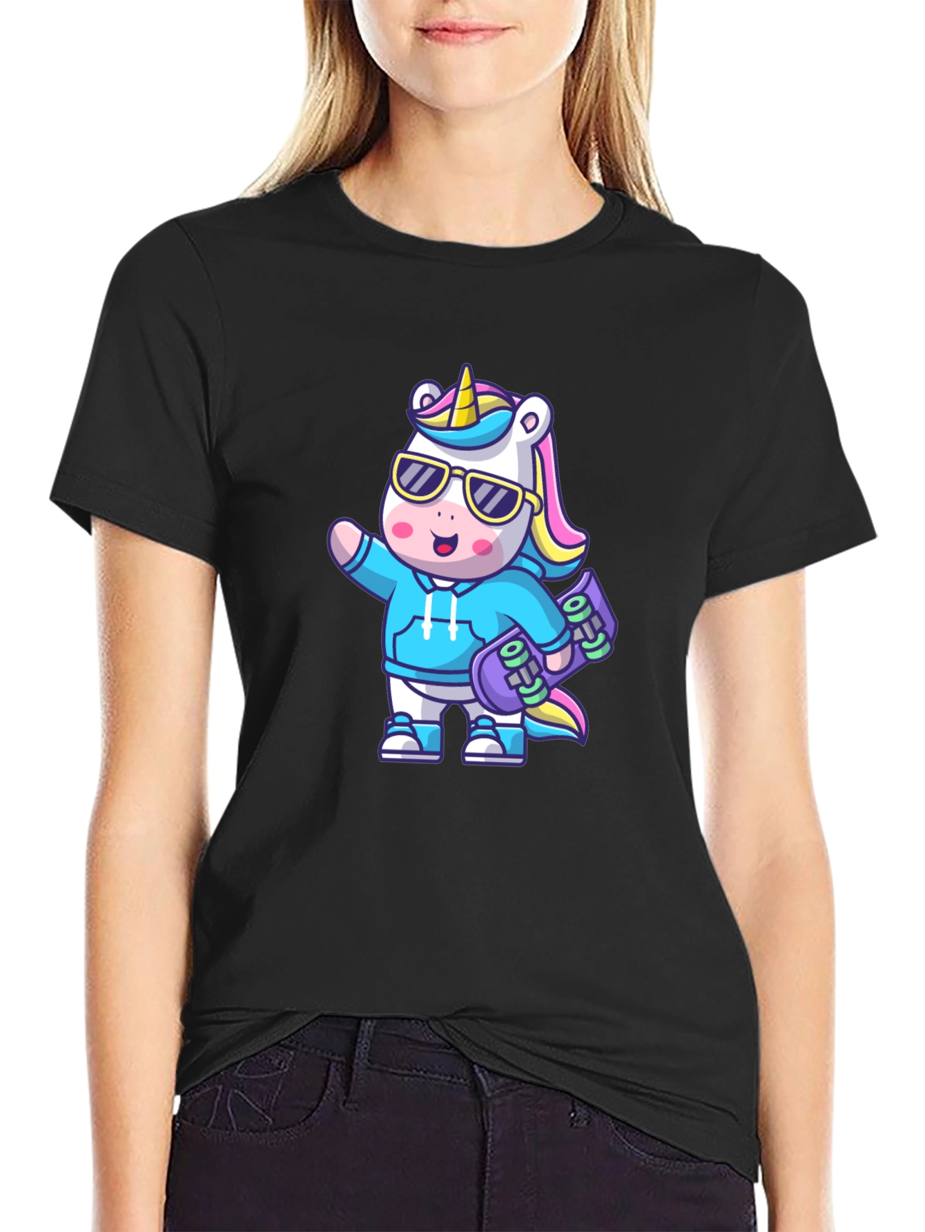 Black Cool Unicorn Skateboard T-Shirt view 2