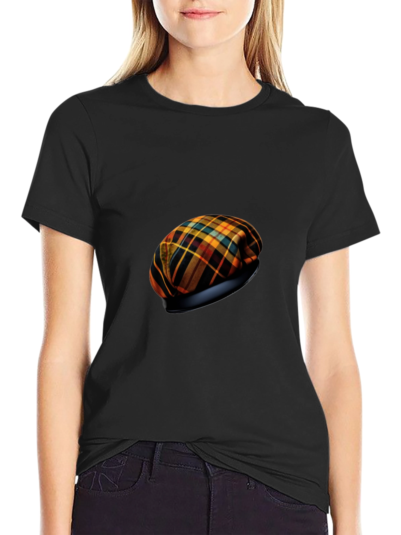 Black Stylish Tartan Beret T-Shirt view 2