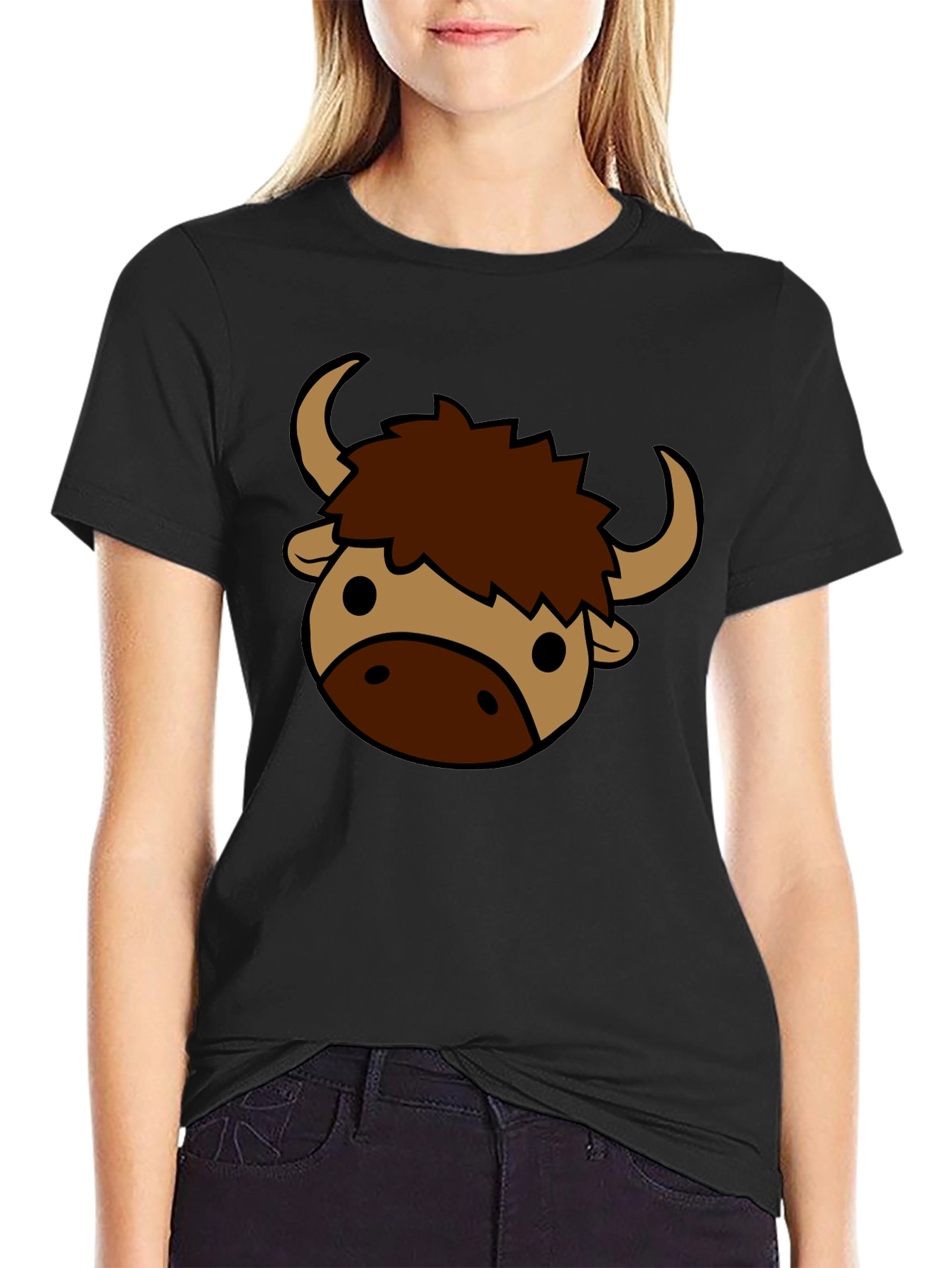 Black Cartoon Yak Graphic Tee - Black Cotton T-Shirt view 2