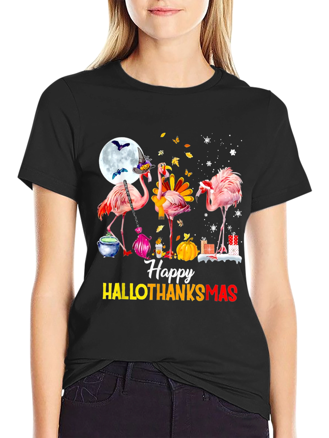 Black Happy HALLOTHANKS Christmas Flamingo T-Shirt view 2