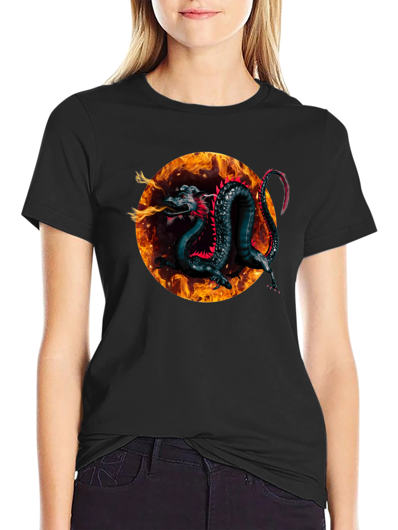 Black Fiery Dragon Graphic Black T-Shirt view 2