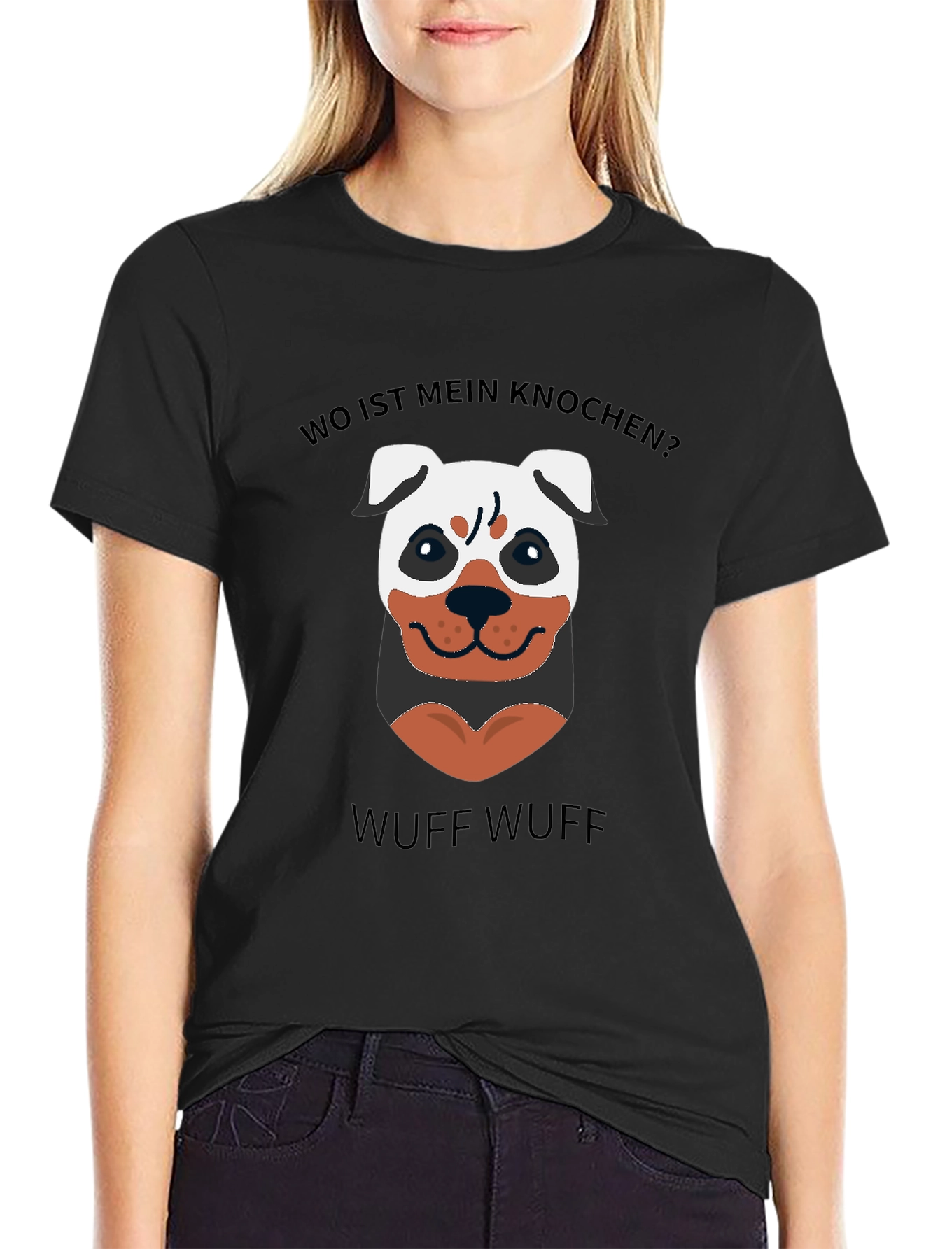 Black Wo Ist Mein Knochen? Funny Dog T-Shirt view 2