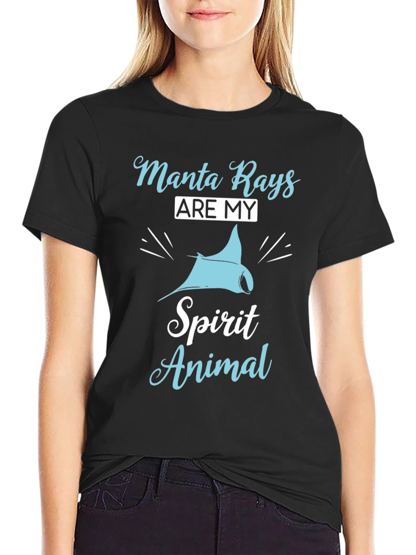 Black Manta Ray Spirit Animal Graphic T-Shirt - Black Cotton view 2